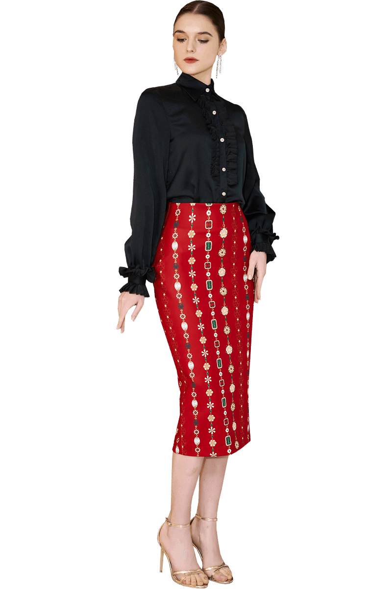 Gems on Dark Red Printed Pencil Skirt