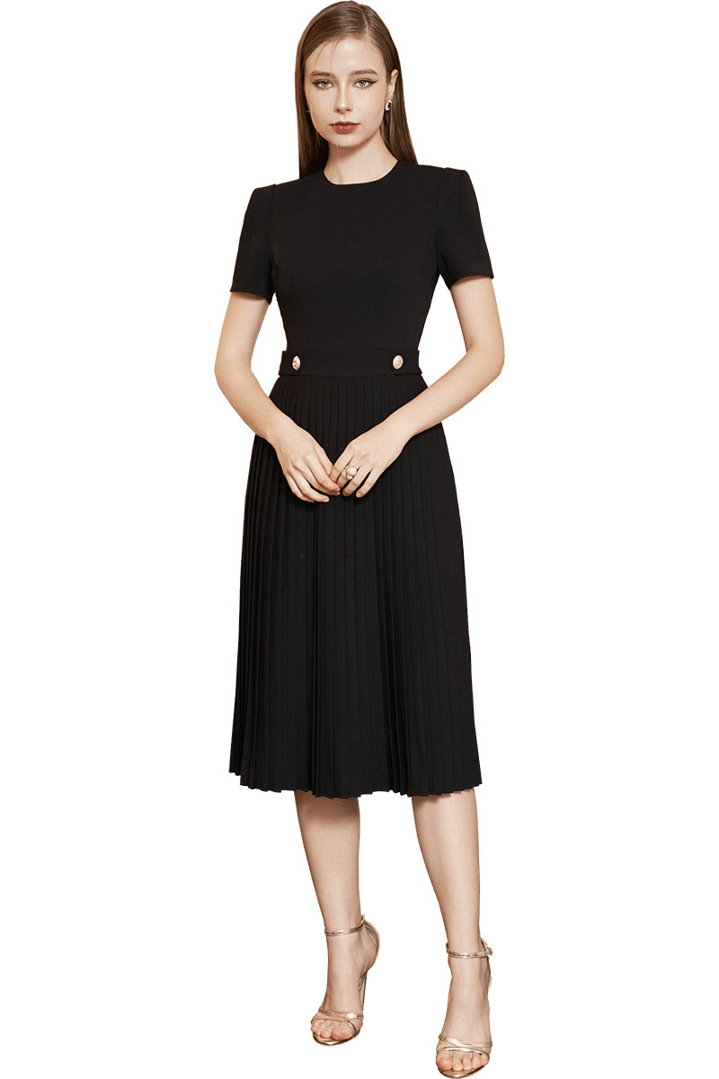 Black Pleated A-line Dress with Waist Tab