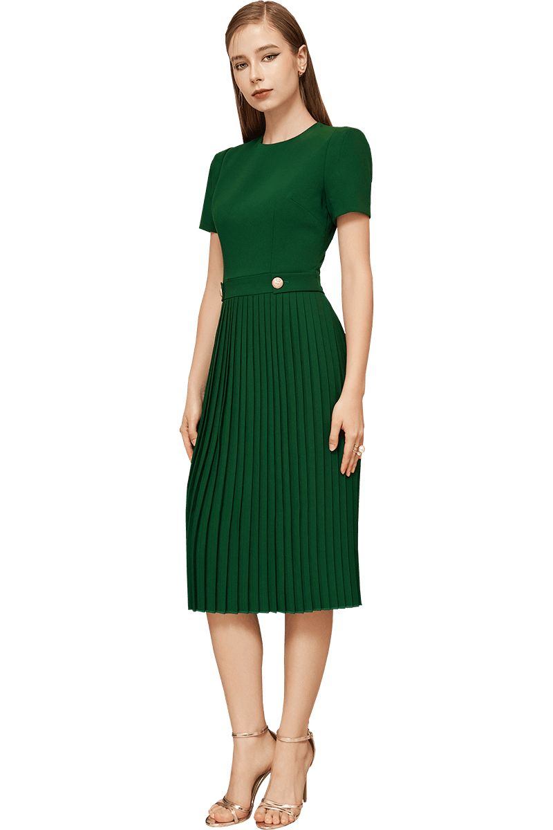 Dark Green Pleated A-line Dress with Waist Tab