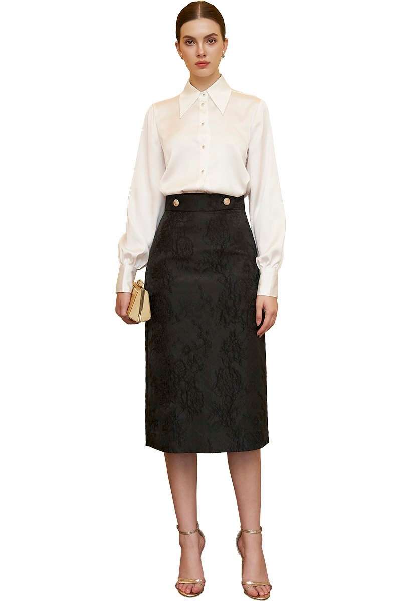 Black Rose Jacquard Pencil Skirt