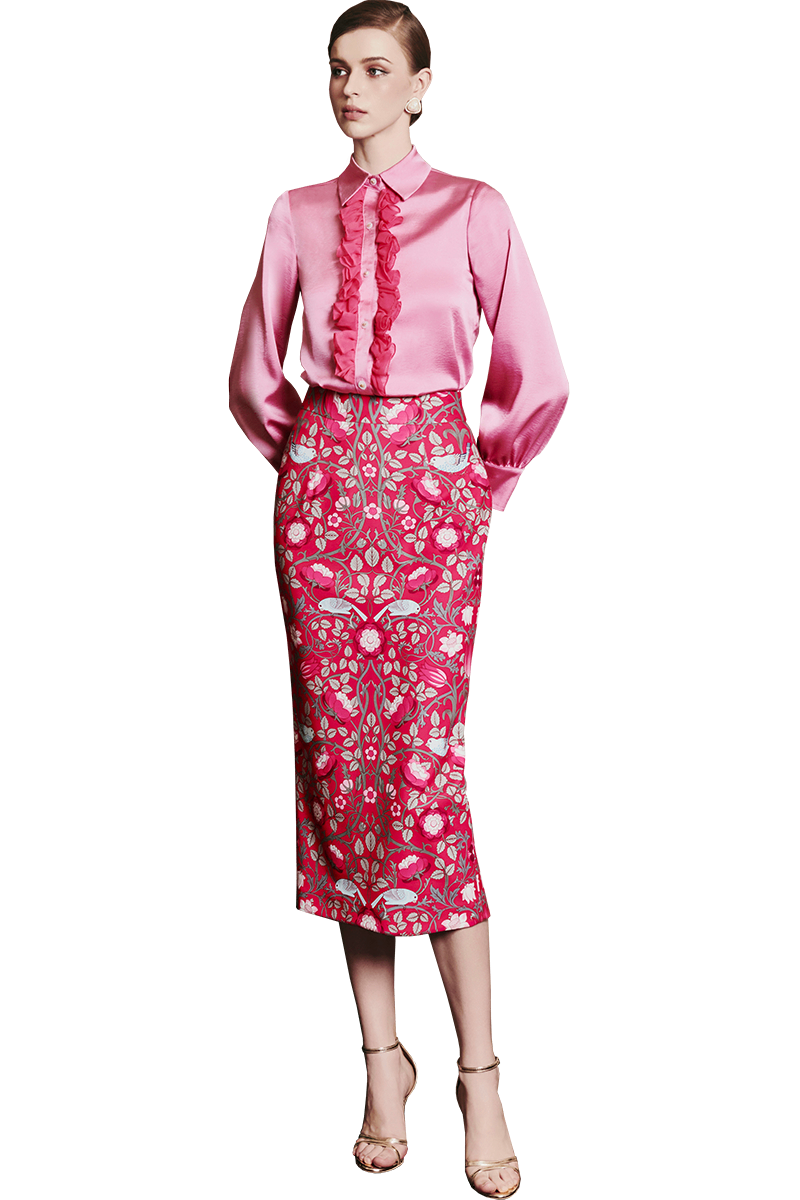 Rose on Magenta Printed Pencil Skirt