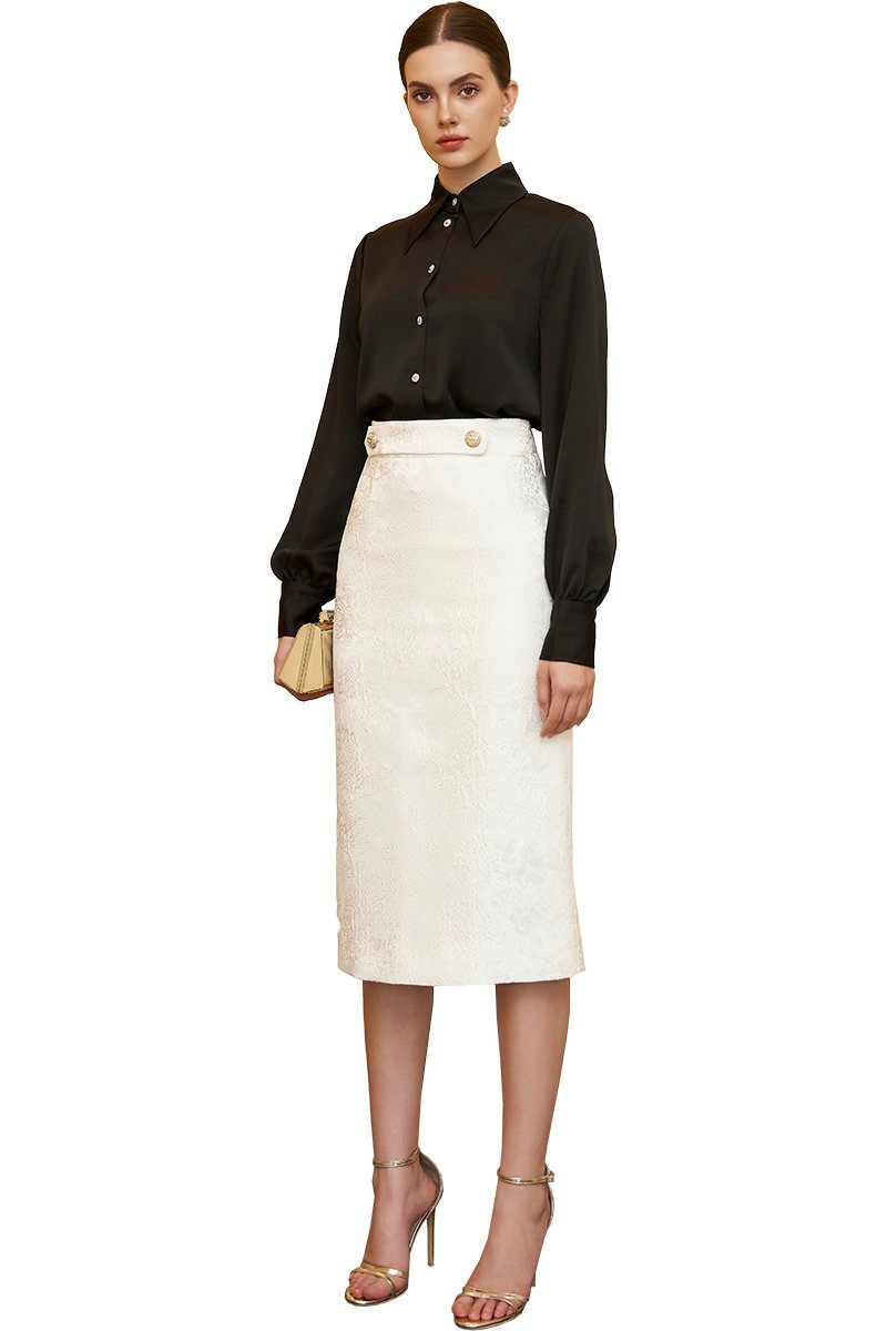 White Rose Jacquard Pencil Skirt