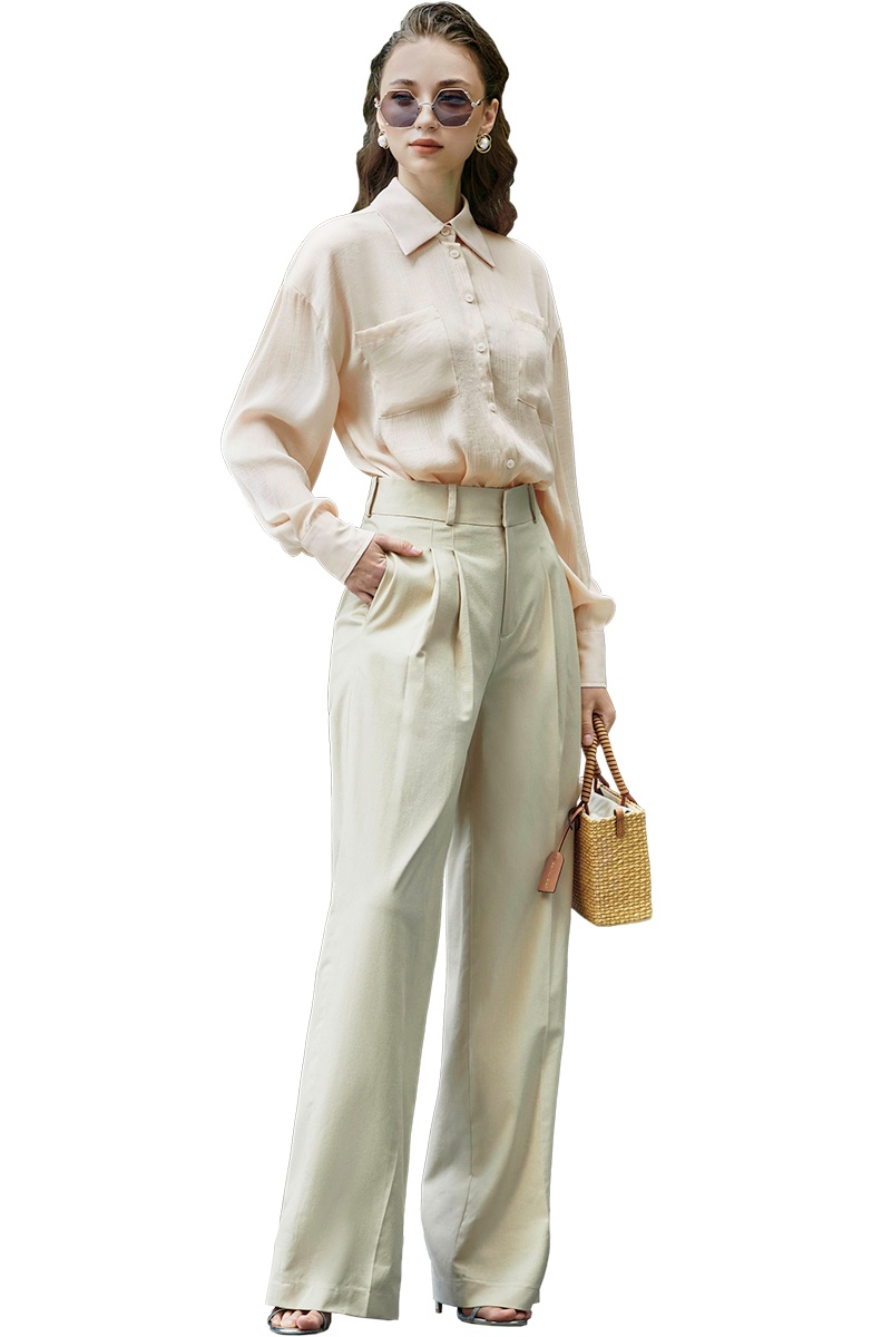 Beige Linen Back Pocket Straight Trousers