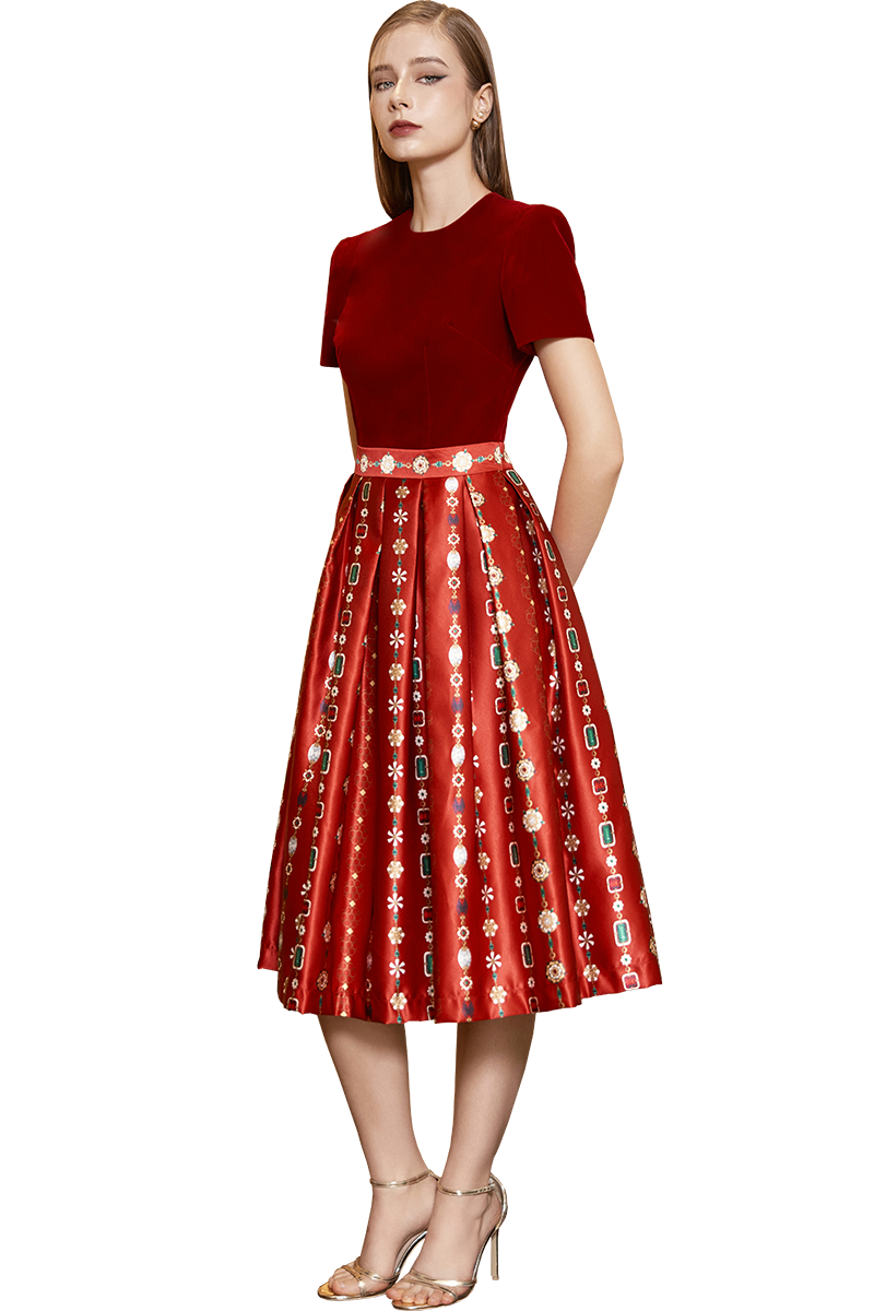 Short Sleeves Gems on Dark Red Printed Flare Dress