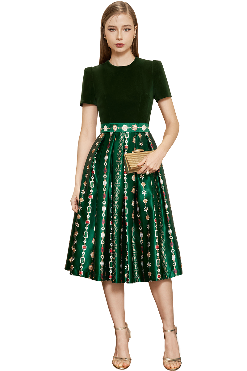 Short Sleeves Gems on Dark Green Printed Flare Dress