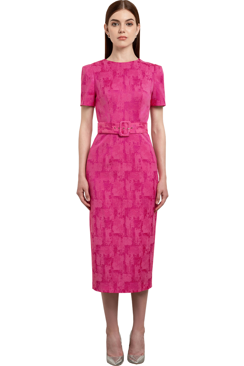 Fuchsia Brocade Short Slve Dress