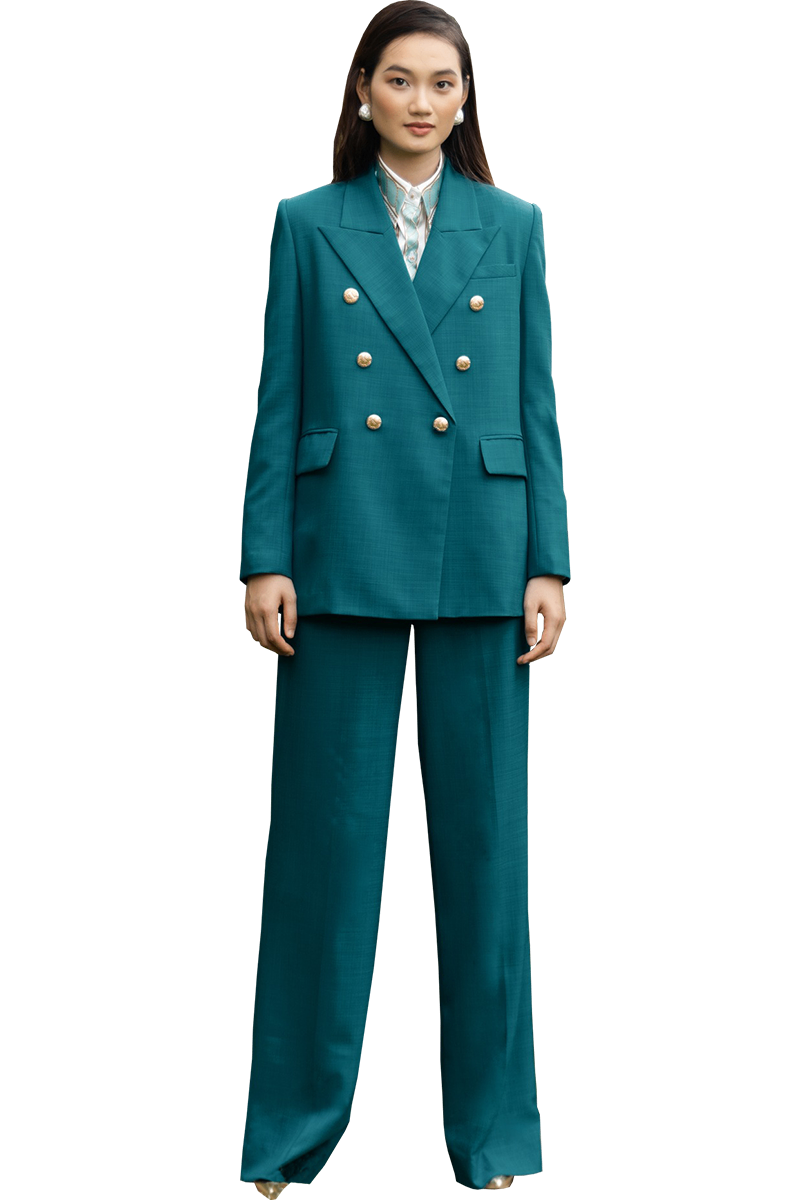 Peacock blue belted straight trousers