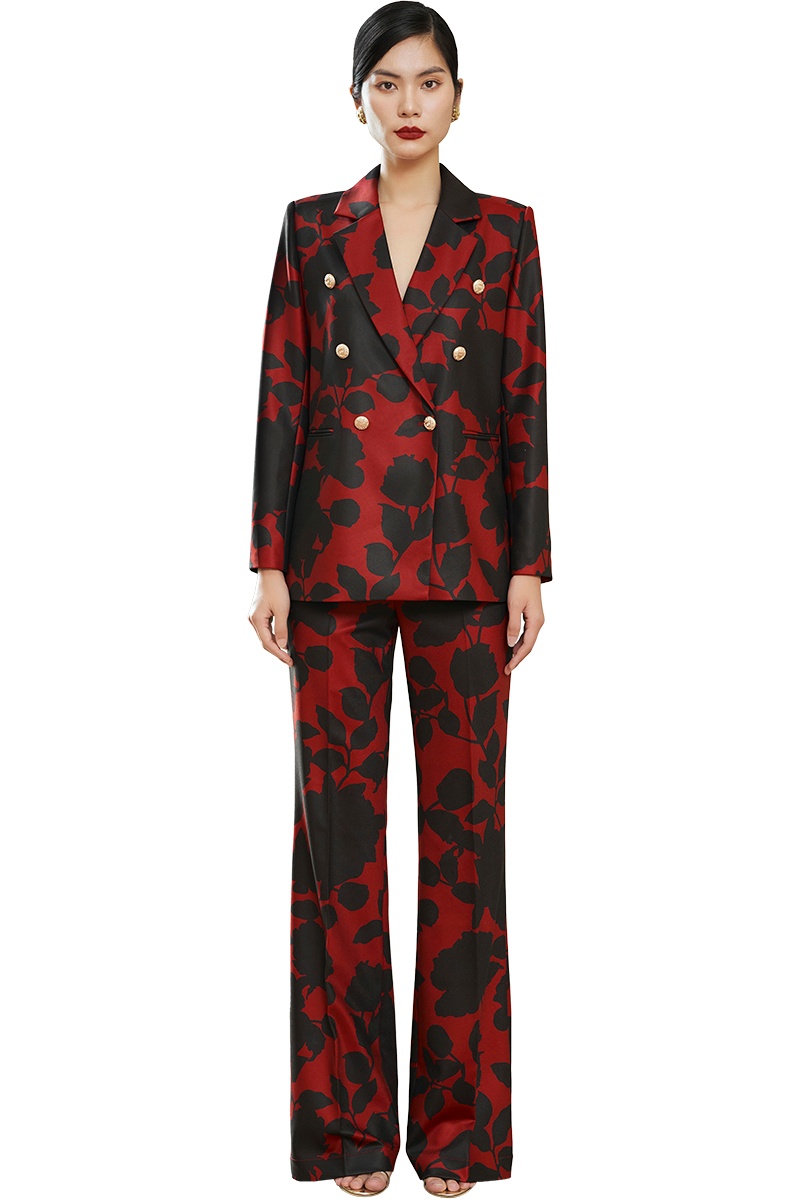 Split Buttons Blazer with Black Roses on Red Pattern