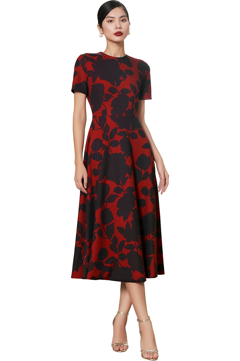 A-line Dress with Black Roses on Red Pattern