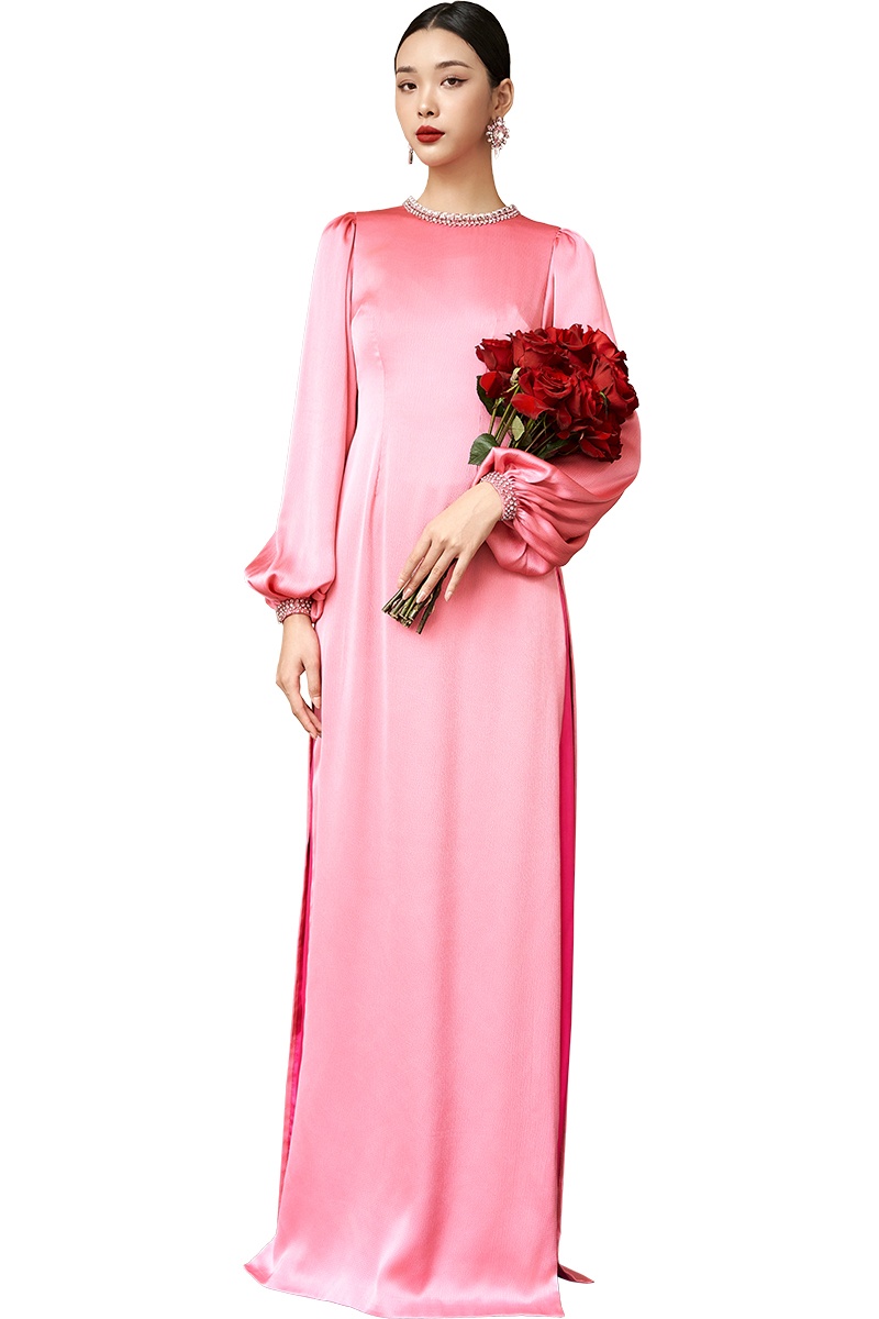 Pink Puffed Sleeves Round Neckline Ao Dai