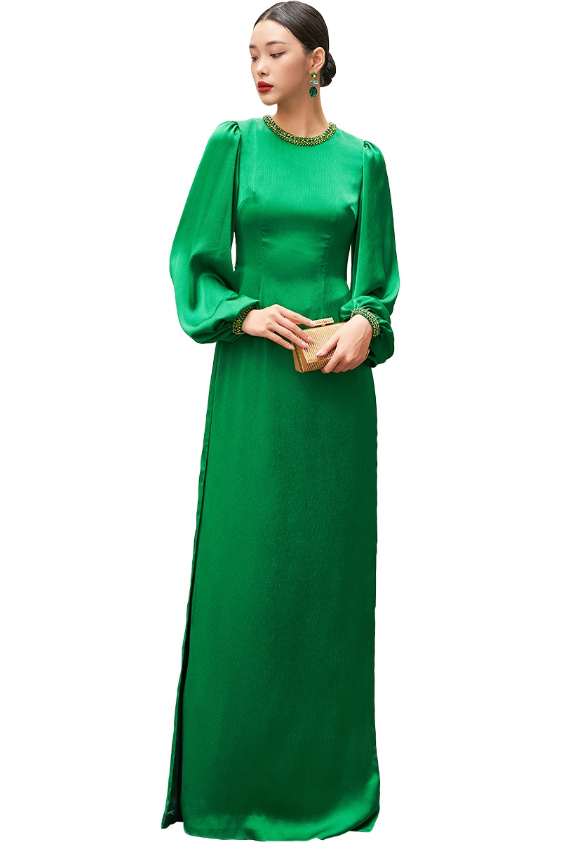 Green Puffed Sleeves Round Neckline Ao Dai