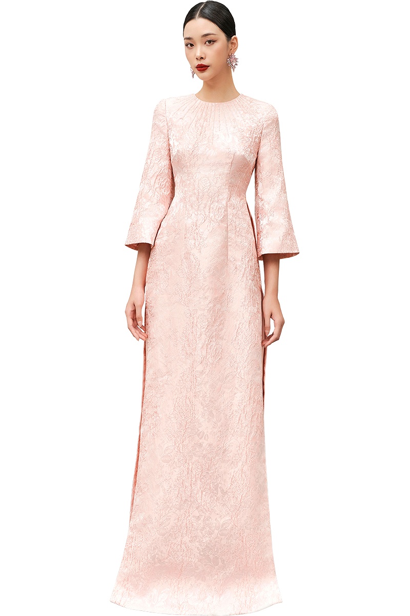 Peach Pink Bell Sleeves Rose Jacquard Ao Dai