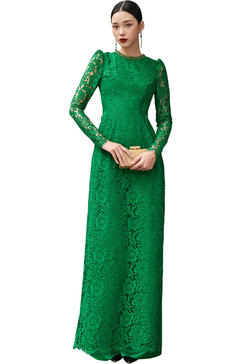 Dark Green Plain Cuffed Sleeves Lace Ao Dai