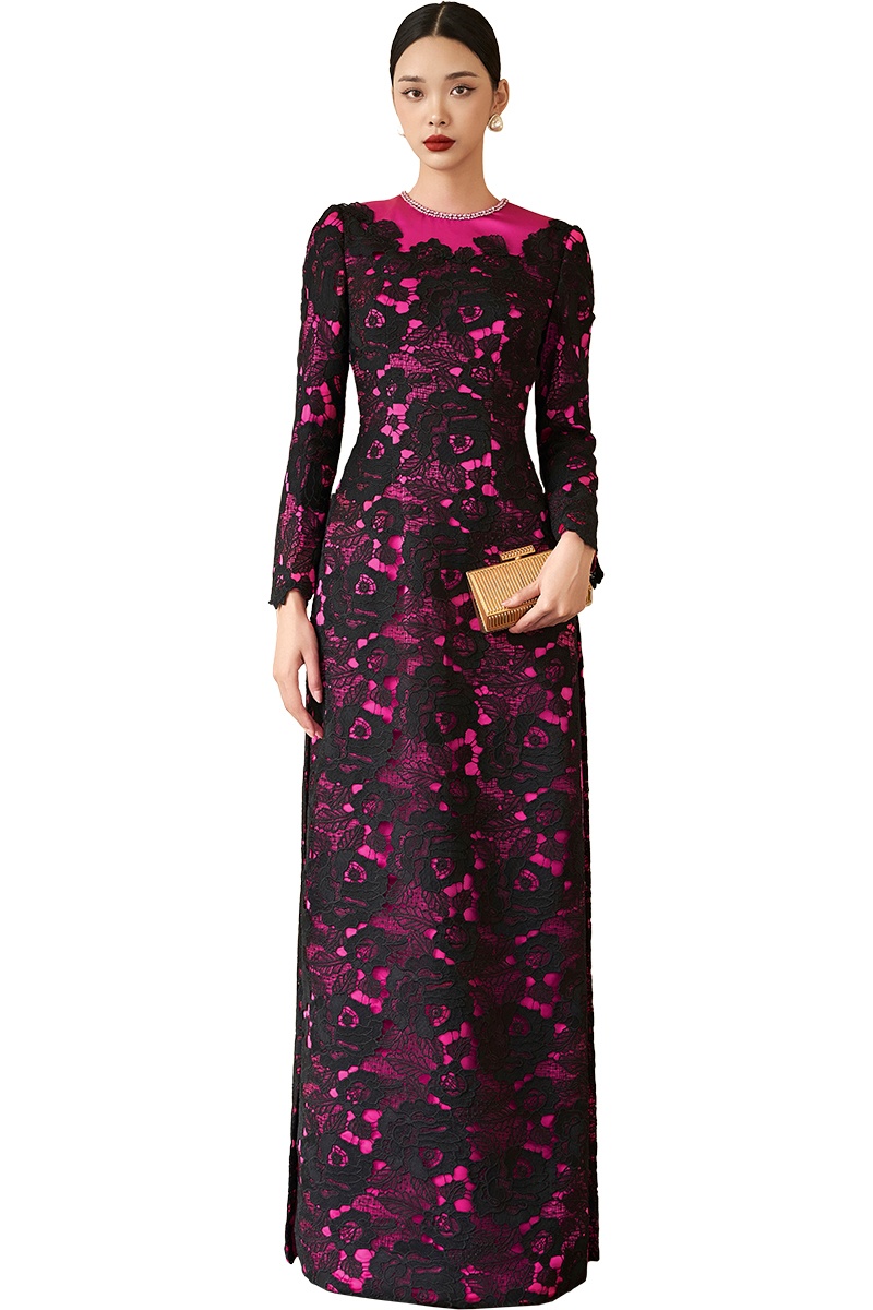 Black and Fuchsia Round Neckline Lace Ao Dai