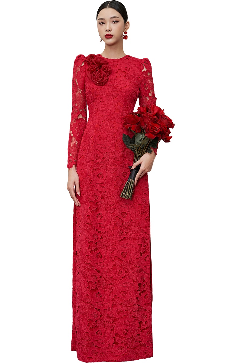 Bordeaux Rose Details Lace Ao Dai