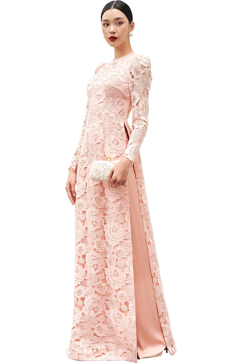 Peach Pink Plain Cuffed Sleeves Lace Ao Dai