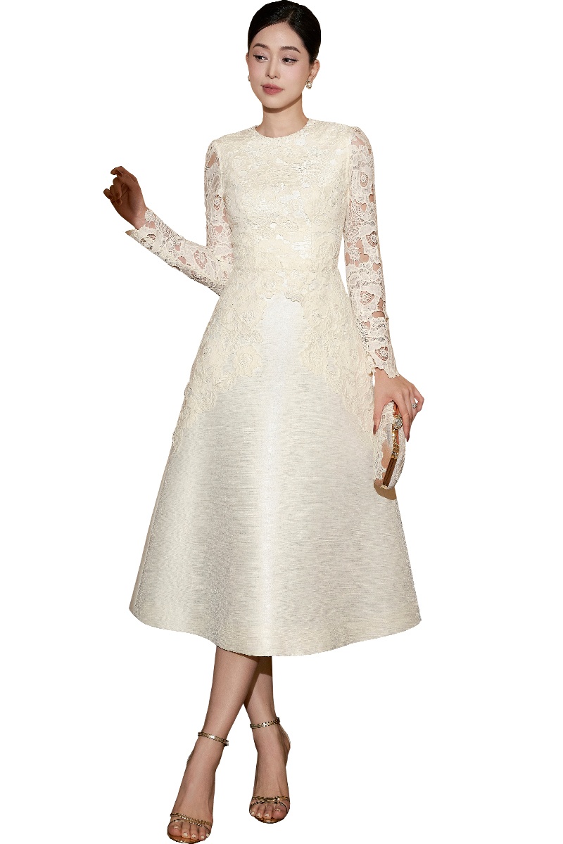 A-line Ivory Taffeta Lace Midi Dress With Mini Cape