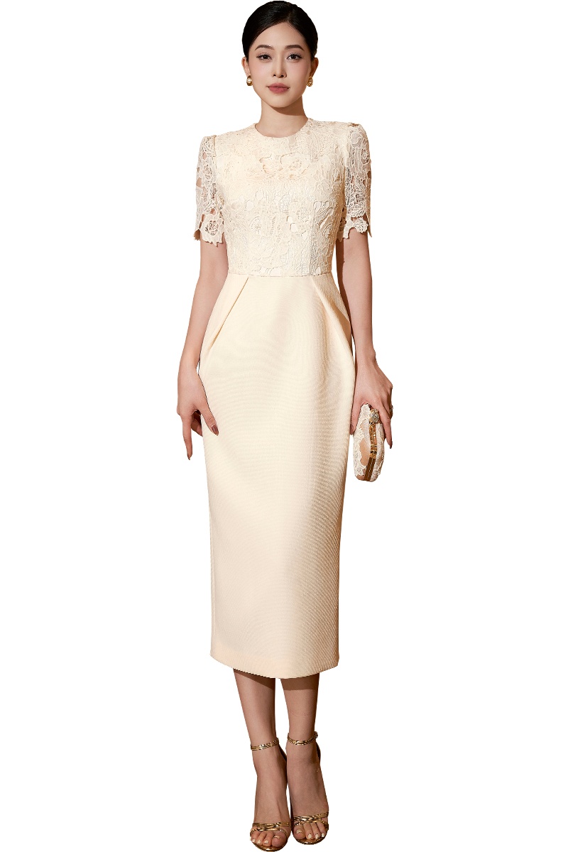 Short Sleeves Ivory Lace and Scuba Midi Dress