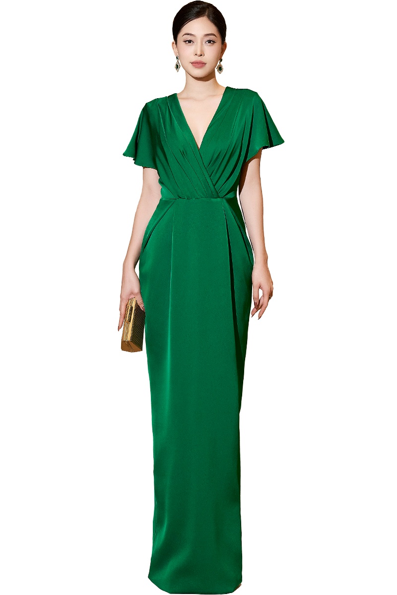 V-Neck Green Gown With Drapped Waist Detail