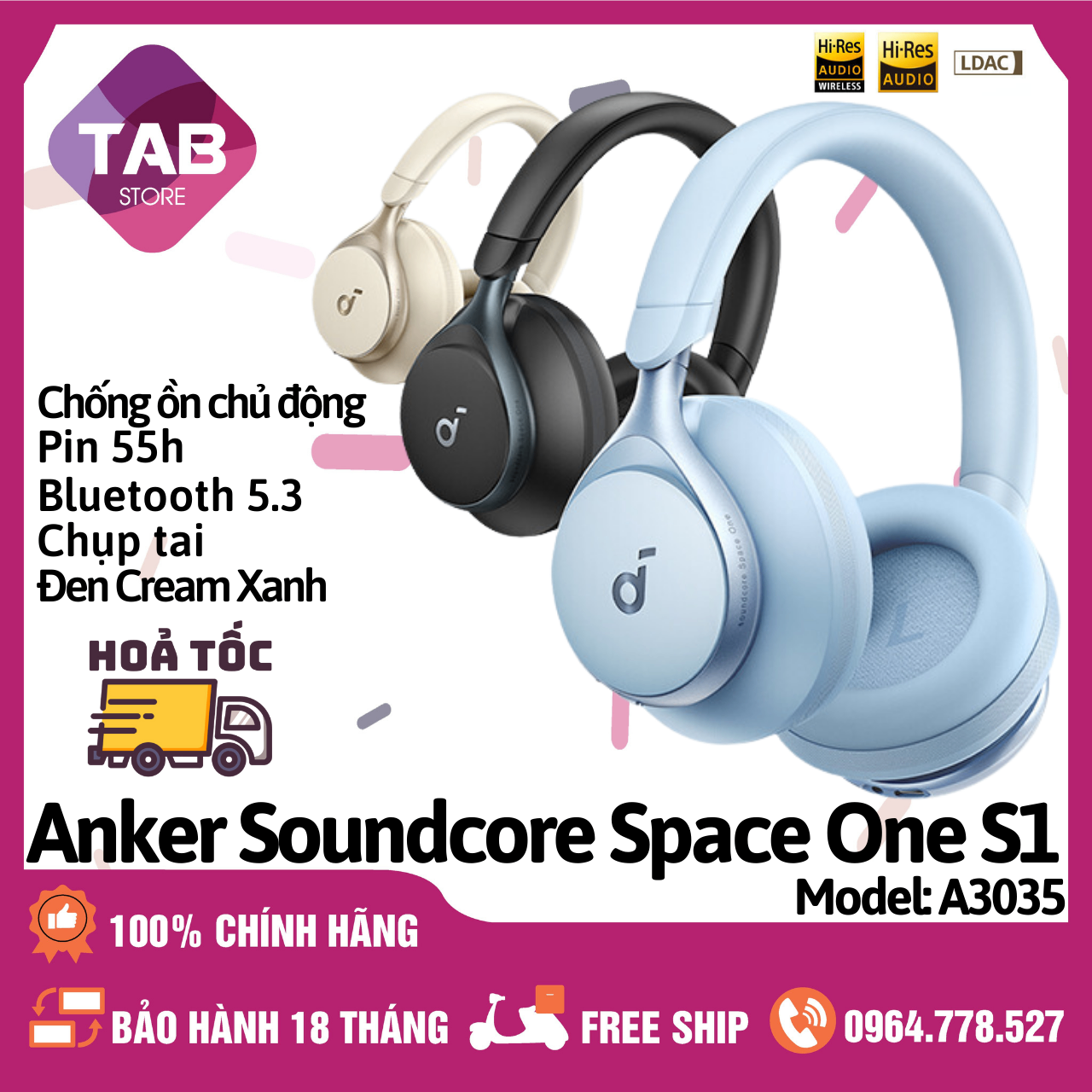 Tai Nghe Anker Soundcore Space One S1 Chụp Tai, Chống Ồn Chủ Động - A3035 (Bảo Hành 18T)