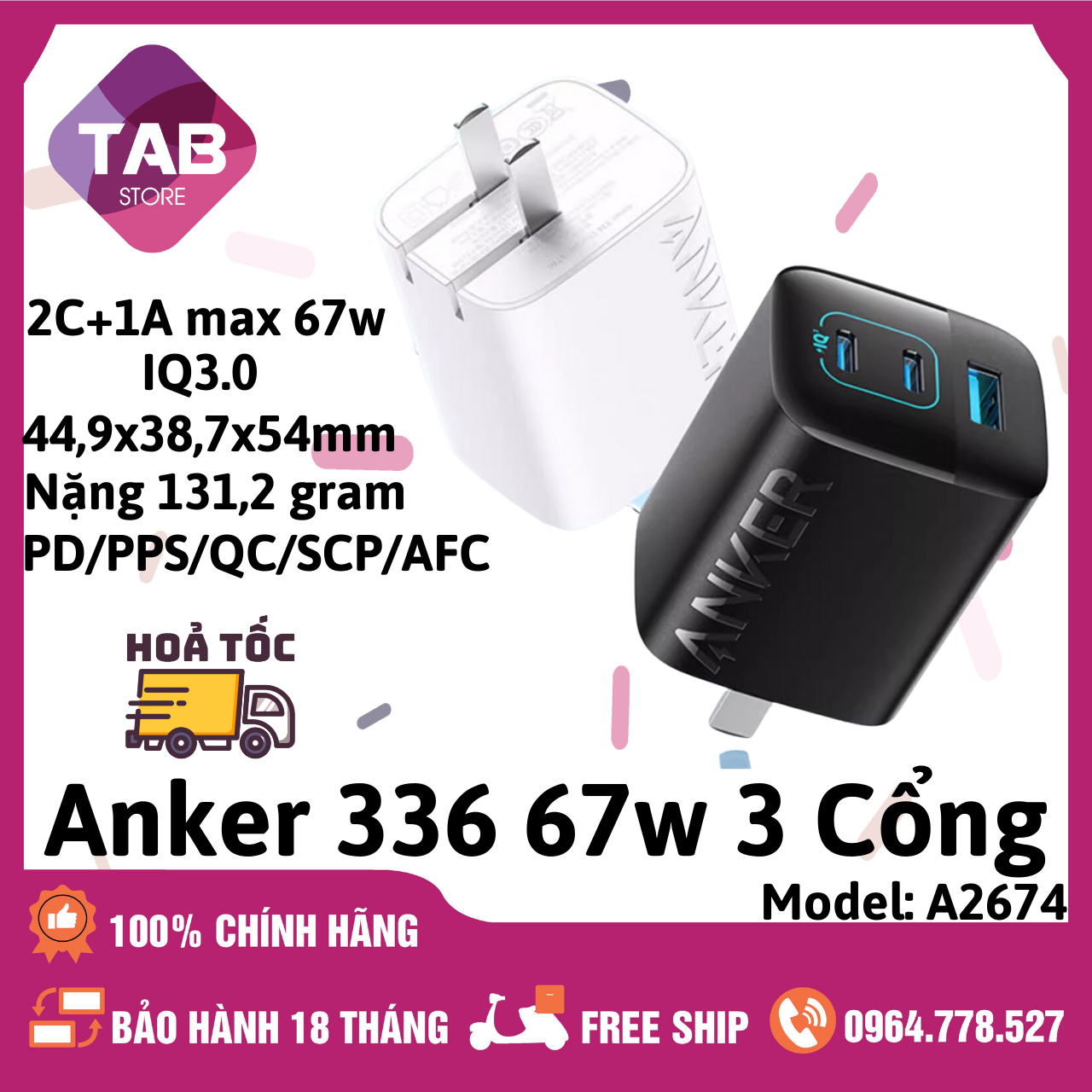 Sạc Anker 336 67w 3 Cổng 2C+1A Gan PD/PPS/QC3.0 - A2674 (Bảo Hành 18T)