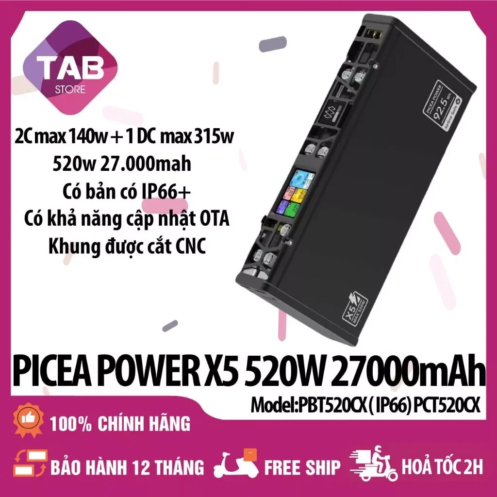Sạc Dự Phòng Picea Power X5 520W 2C1DC 27000mAh PD 3.1 140W PPS2.0 QC AFC SCP Vooc PE - Bảo Hành 12 Tháng
