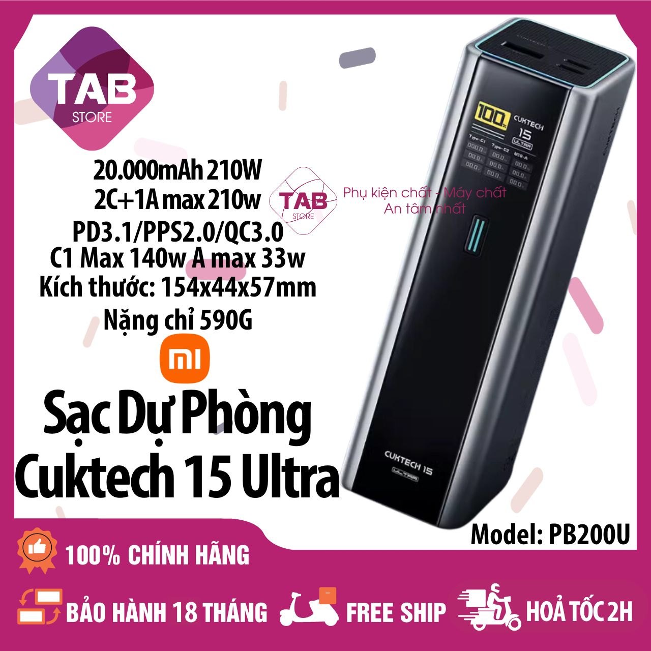 Sạc Dự Phòng Cuktech 15 Ultra 20000mAh 210W 2C1A PD3.1 PPS2.0 Mi Turbro Charger 120W - PB200U