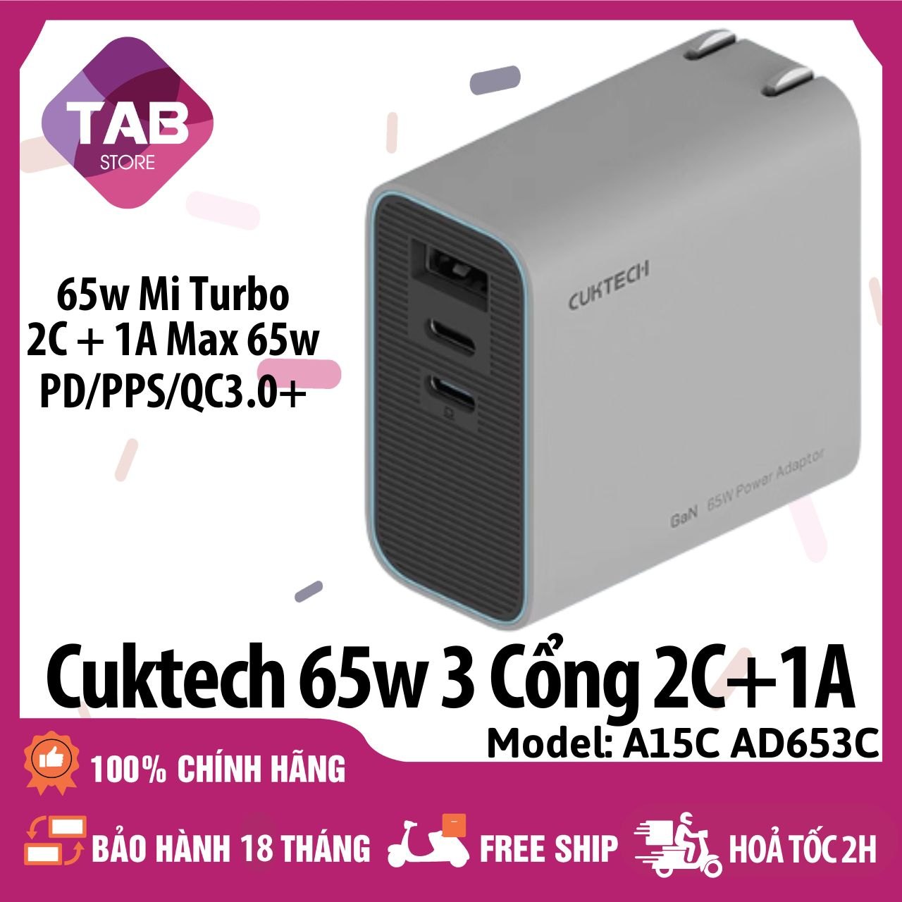 Sạc Cuktech 67w 65w 3 Cổng 2C+1A GAN PD/PPS/QC3+ A15C AD653C - Chính Hãng