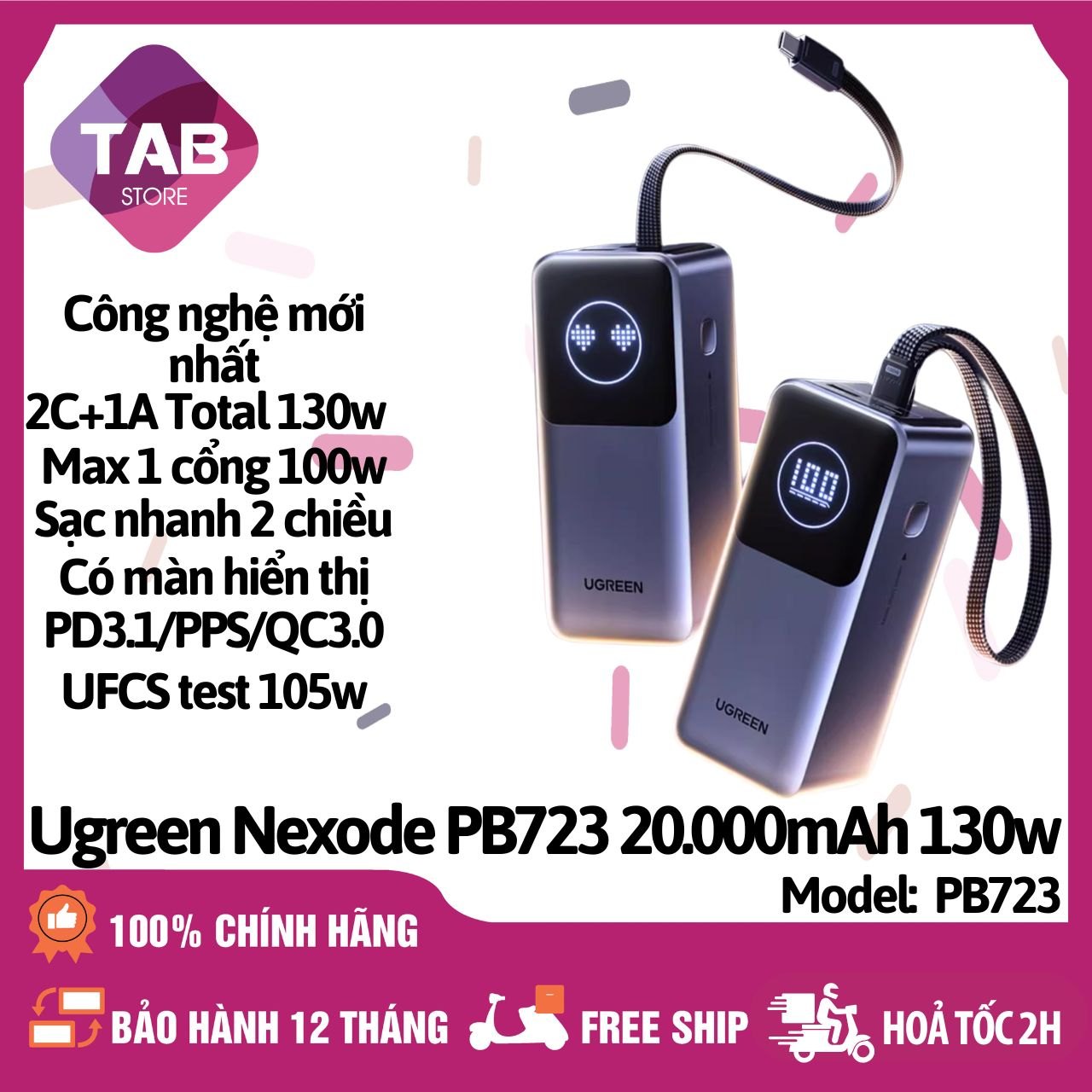 Sạc Dự Phòng UGREEN PB723 20000mAh 130W 3 Cổng UFCS 105w Tích Hợp Cáp - Bảo Hành 12 Tháng - PB723 (130w) 20K mAh