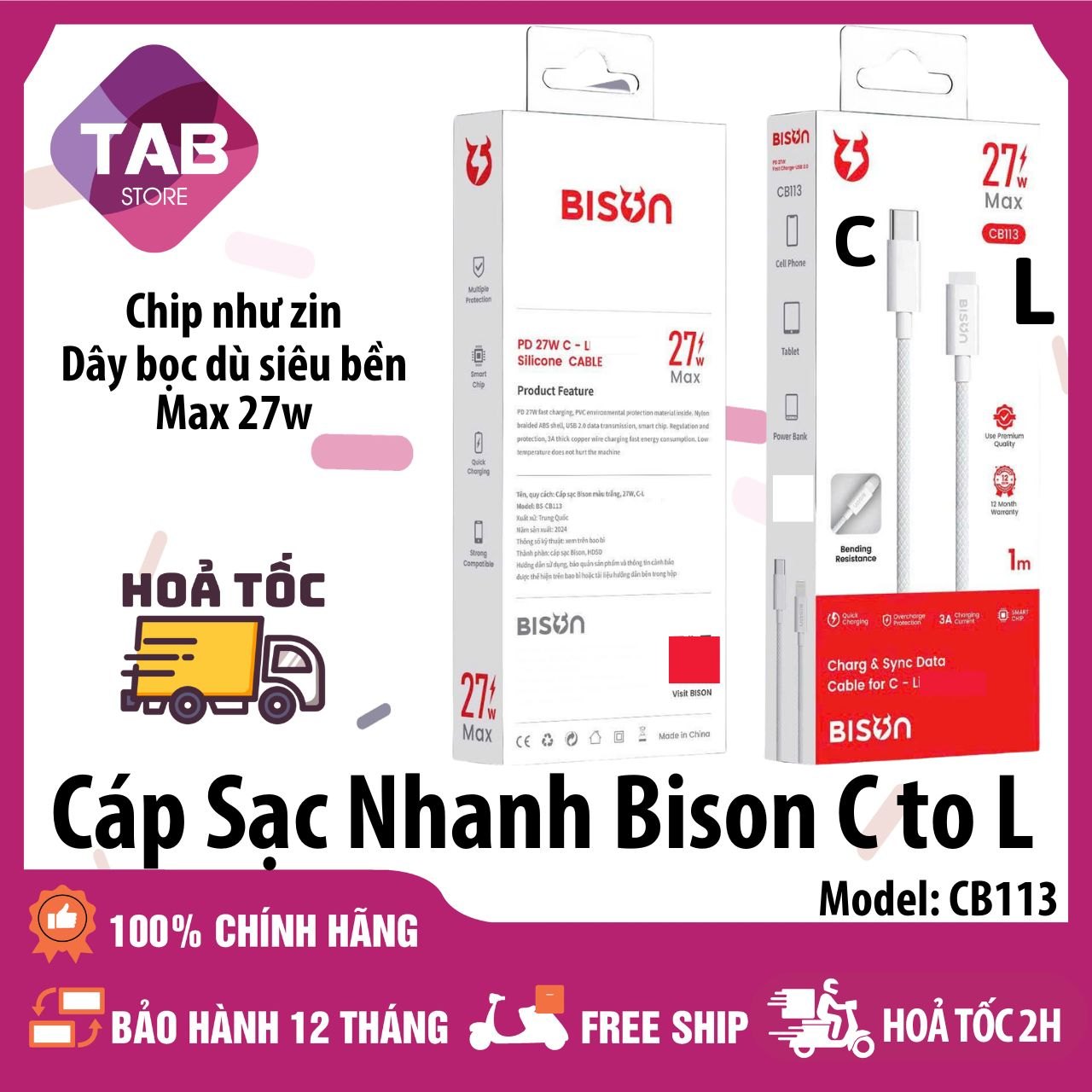 Cáp Sạc Nhanh Bison C To L Cho IPhone Chính Hãng CB113 - Bảo Hành 12 Tháng