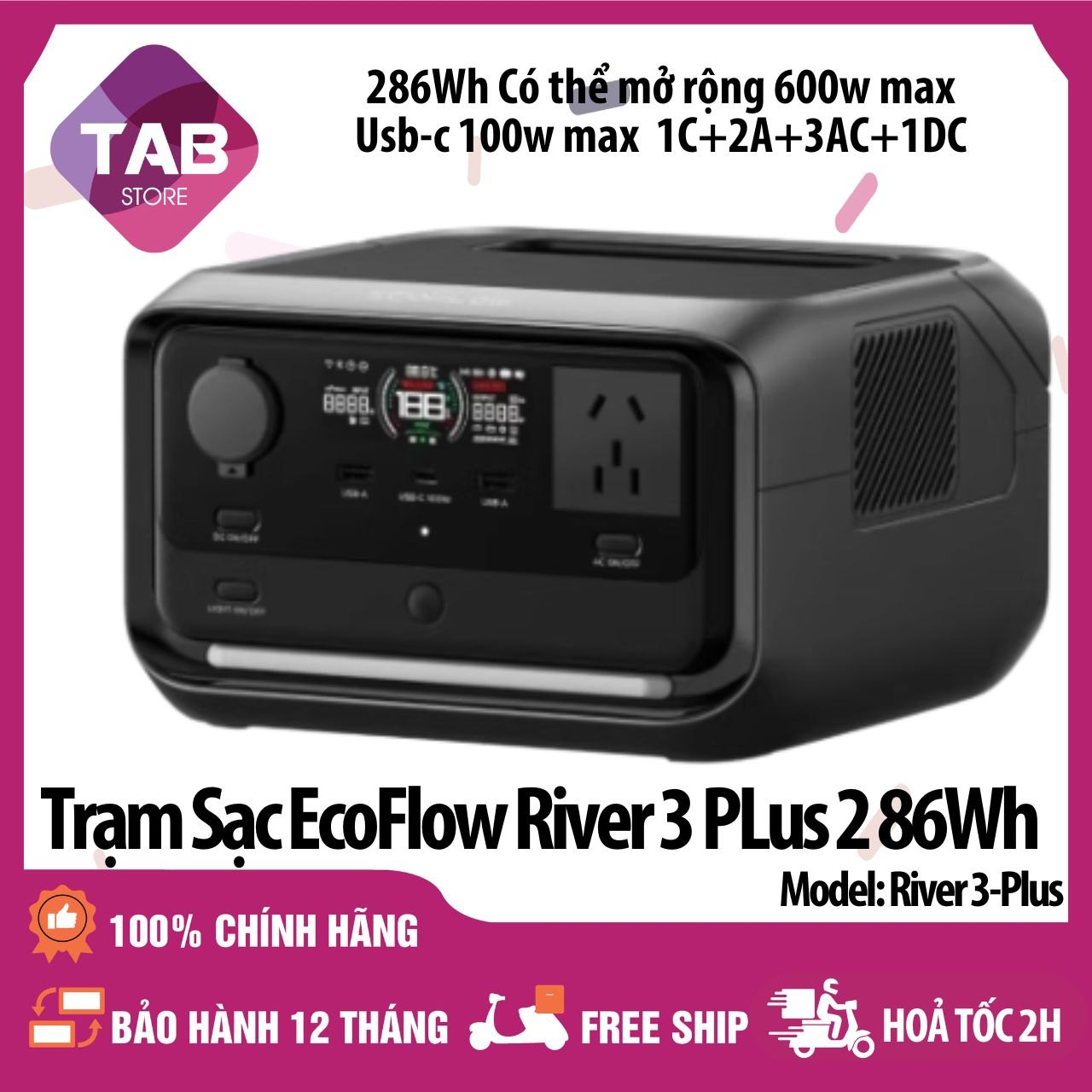 Trạm Sạc EcoFlow River 3 Plus 286Wh 600W 220V (10Ms UPS) - Bảo Hành 12 Tháng