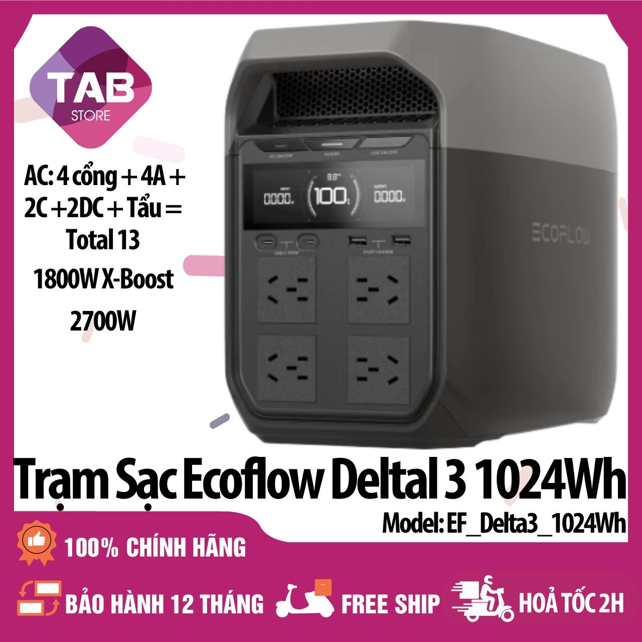 Trạm Sạc EcoFlow Delta 3 1024Wh 1800W 220V - Bảo Hành 12 Tháng