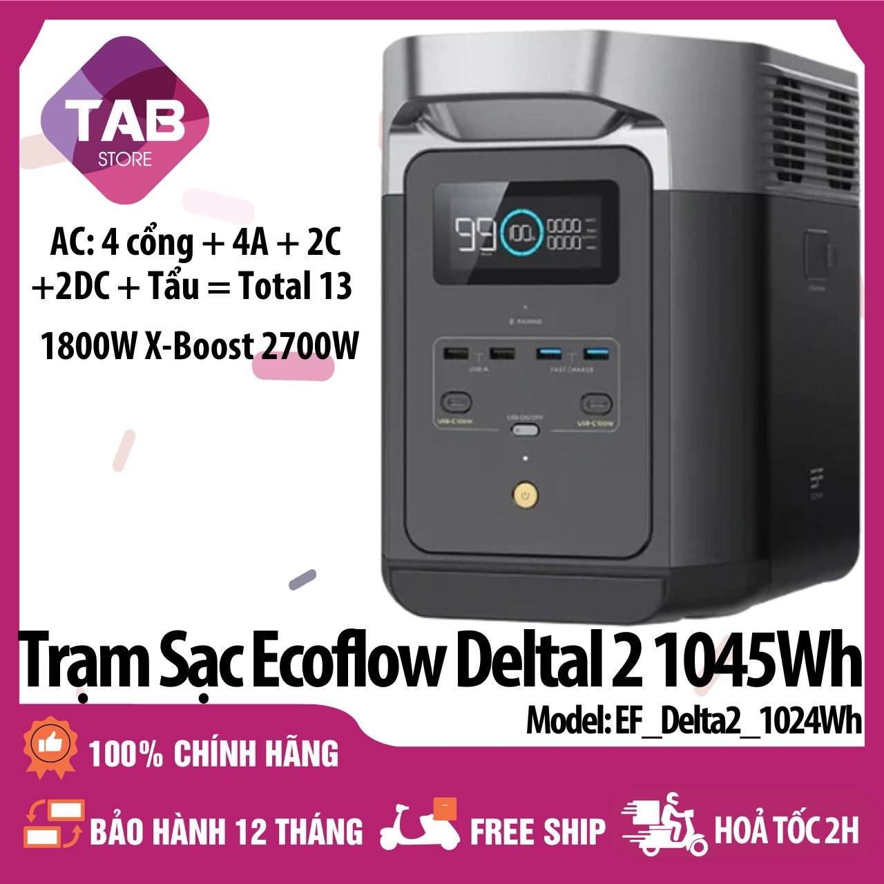 Trạm Sạc EcoFlow Delta 2 1024Wh 1800W 220V - Bảo Hành 12 Tháng