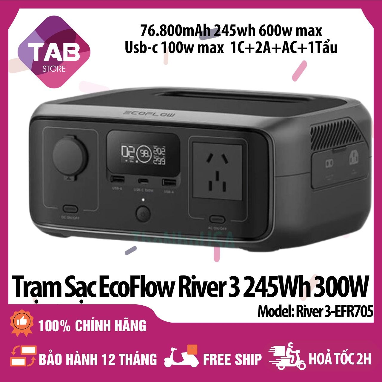 Trạm Sạc EcoFlow River 3 245Wh 76.800mAh 300W Max 600W 220V - Bảo Hành 12 Tháng - EcoFlow River 3