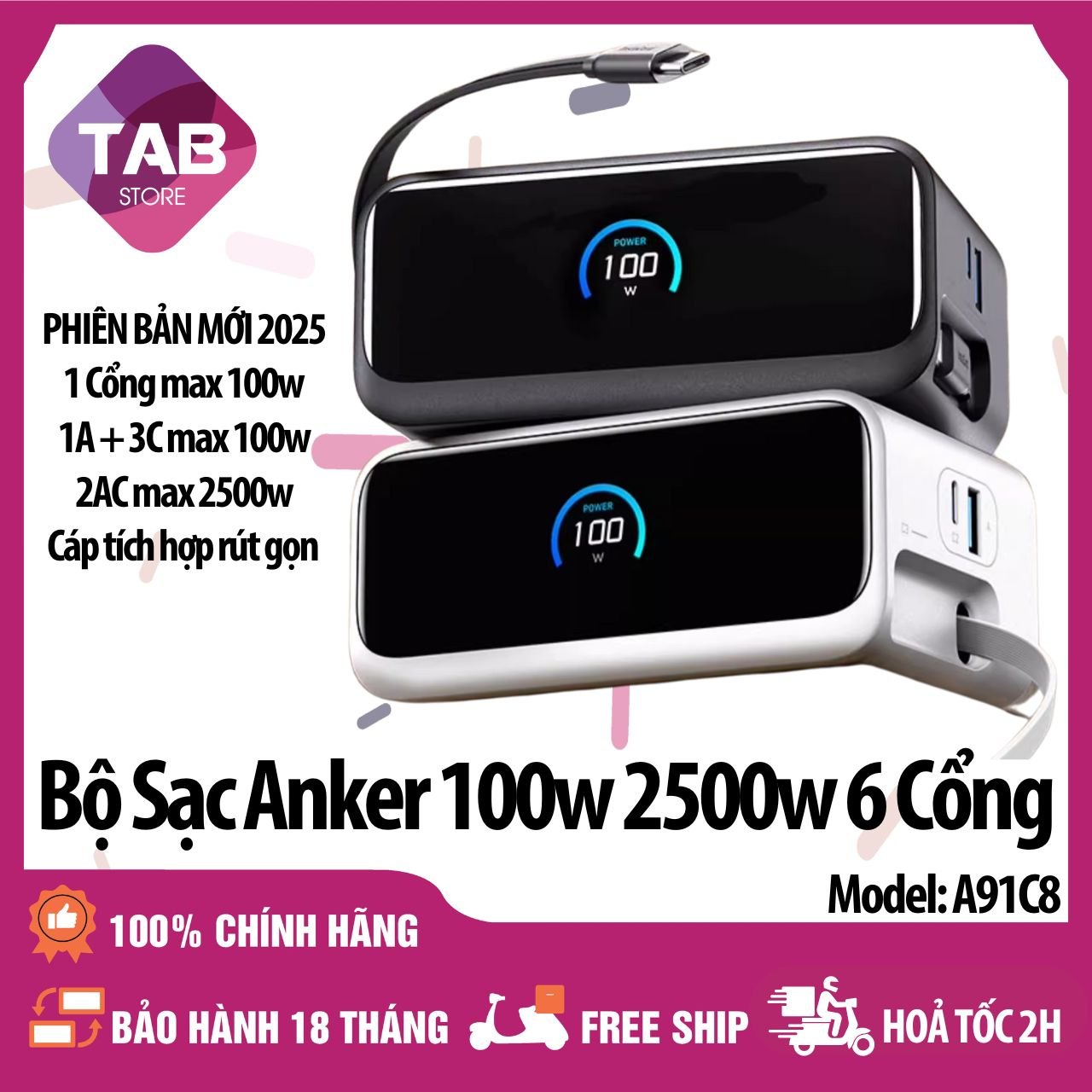 Bộ Sạc Anker 6 Cổng 100w AC 2500w 1A+3C+2AC Cáp Tích Hợp A91C8 - Bảo Hành 18 Tháng