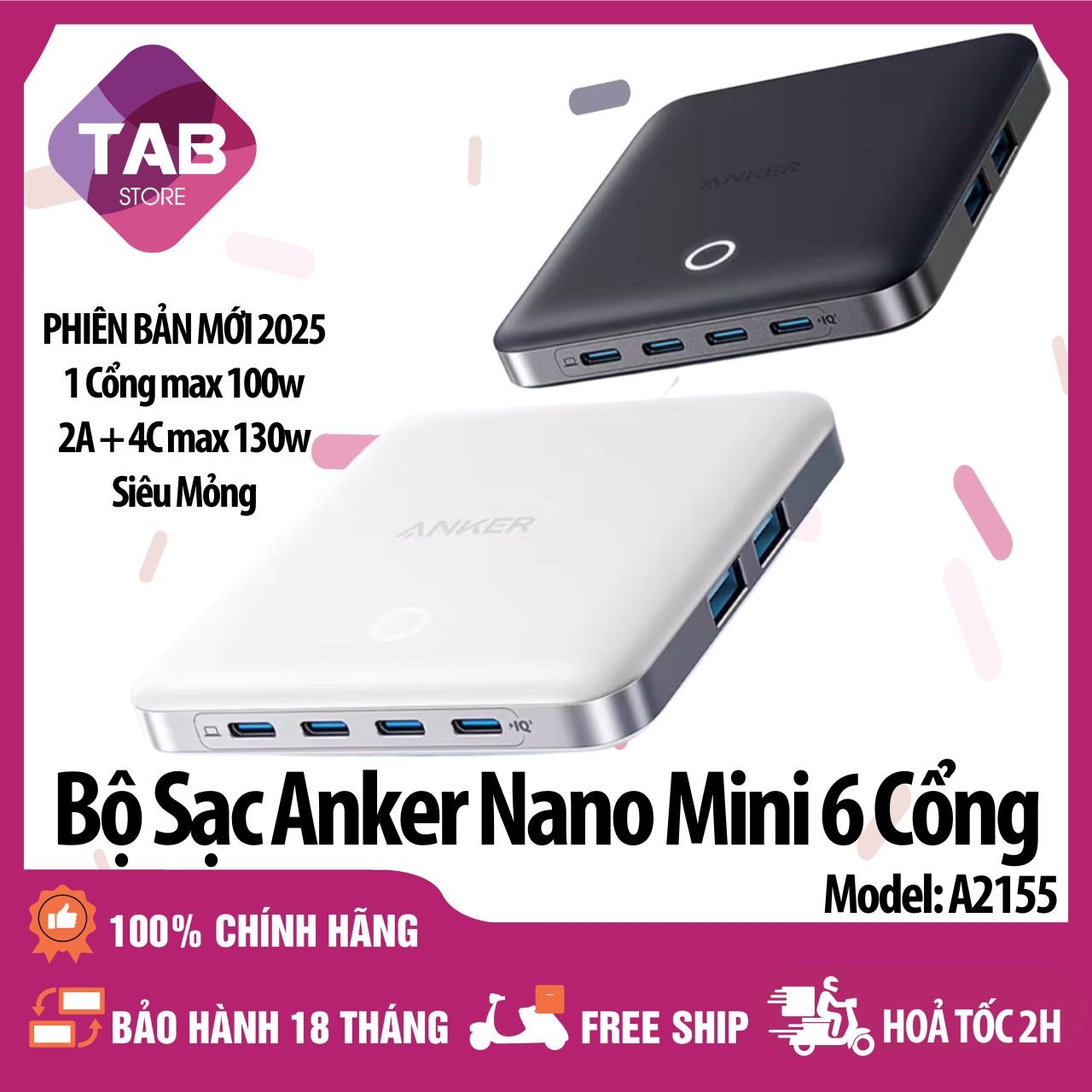 Bộ Sạc Anker 6 Cổng 130w 2A+4C Mỏng Gọn Nhẹ A2155 - Bảo Hành 18 Tháng - A2155