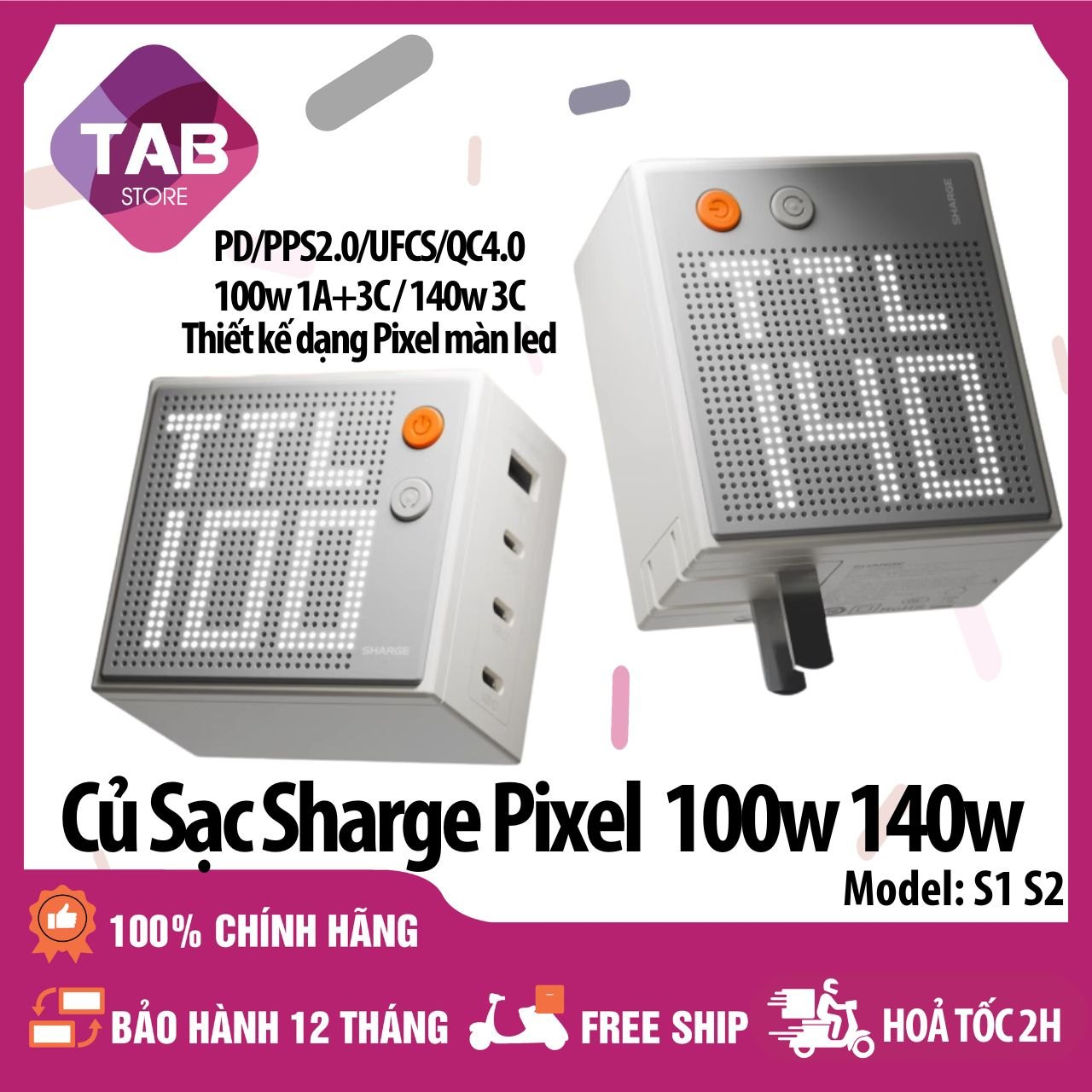 (Hàng Đặt Trước) Củ Sạc SHARGE Pixel 100W, 140W Gan Có Màn Led Ma Trận S1 S2 - Bảo Hành 12 Tháng