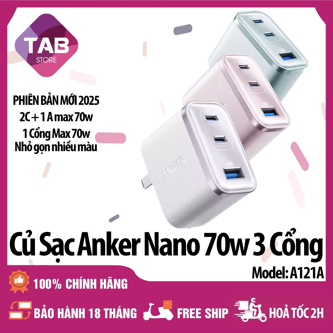 Củ Sạc Anker Nano 70w 3 Cổng 2C+1A Nhỏ Gọn Nhiều Màu A121A - Bảo Hành 18 Tháng