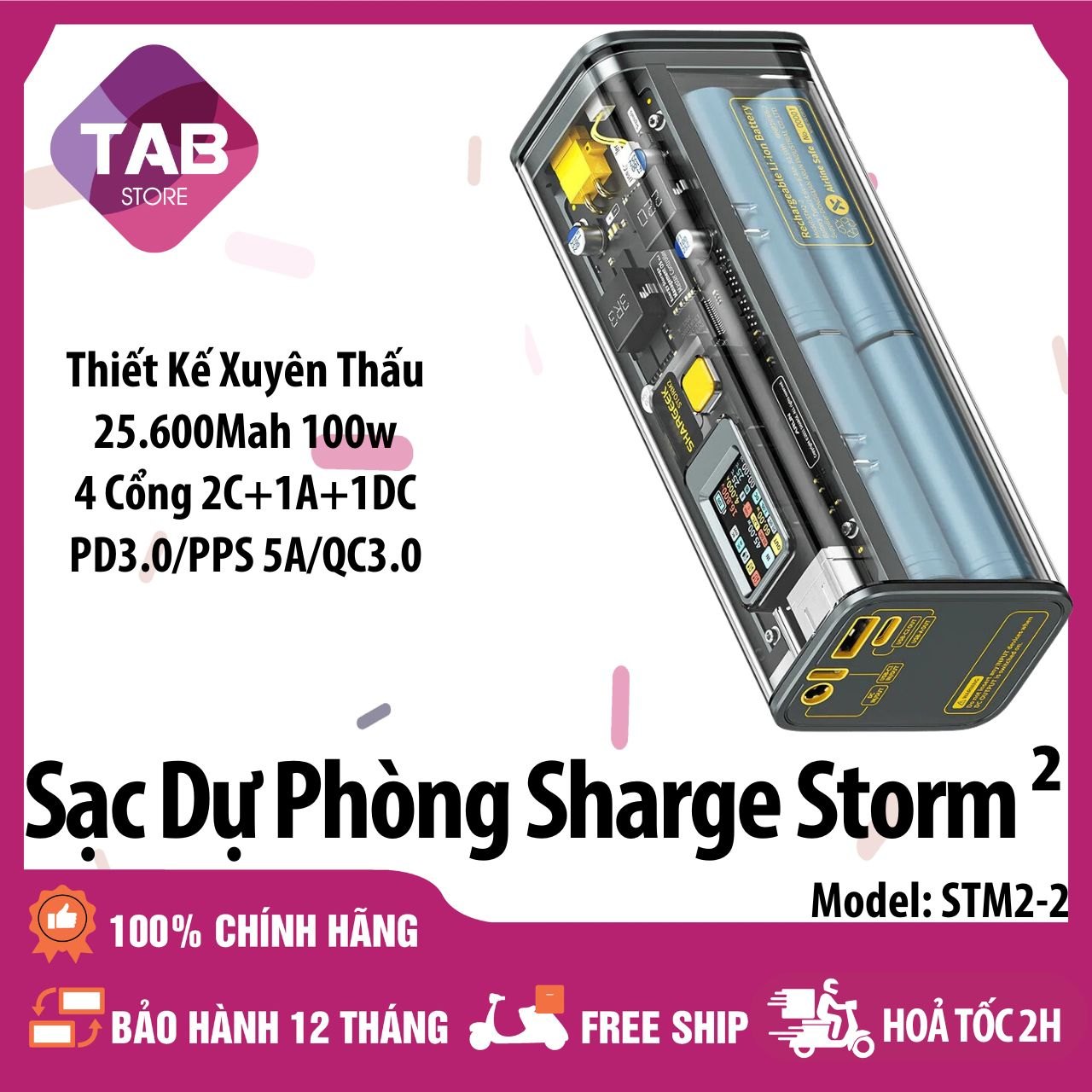 Sạc Dự Phòng Trong Suốt SHARGE STORM 2 25600mah 100w Có Màn LED 4 Cổng - Bảo Hành 1T (STM2-2)