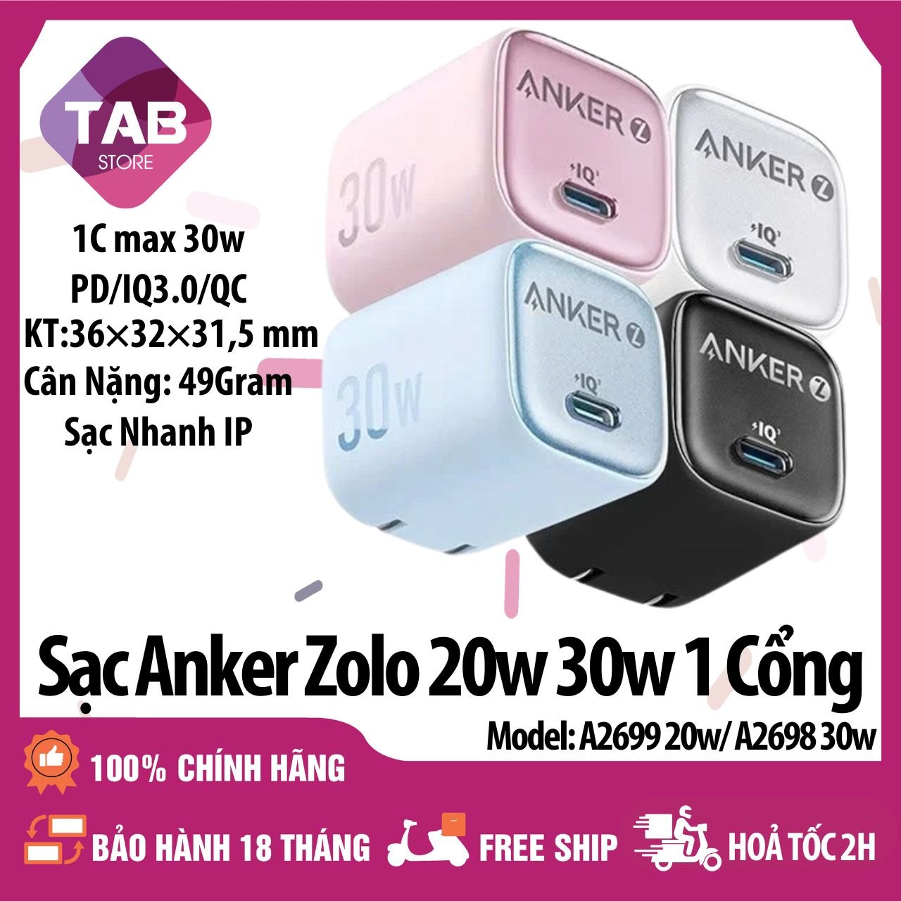 Sạc Anker Zolo 30w GAN PD/PPS/QC A2698 - Bảo Hành 18 Tháng