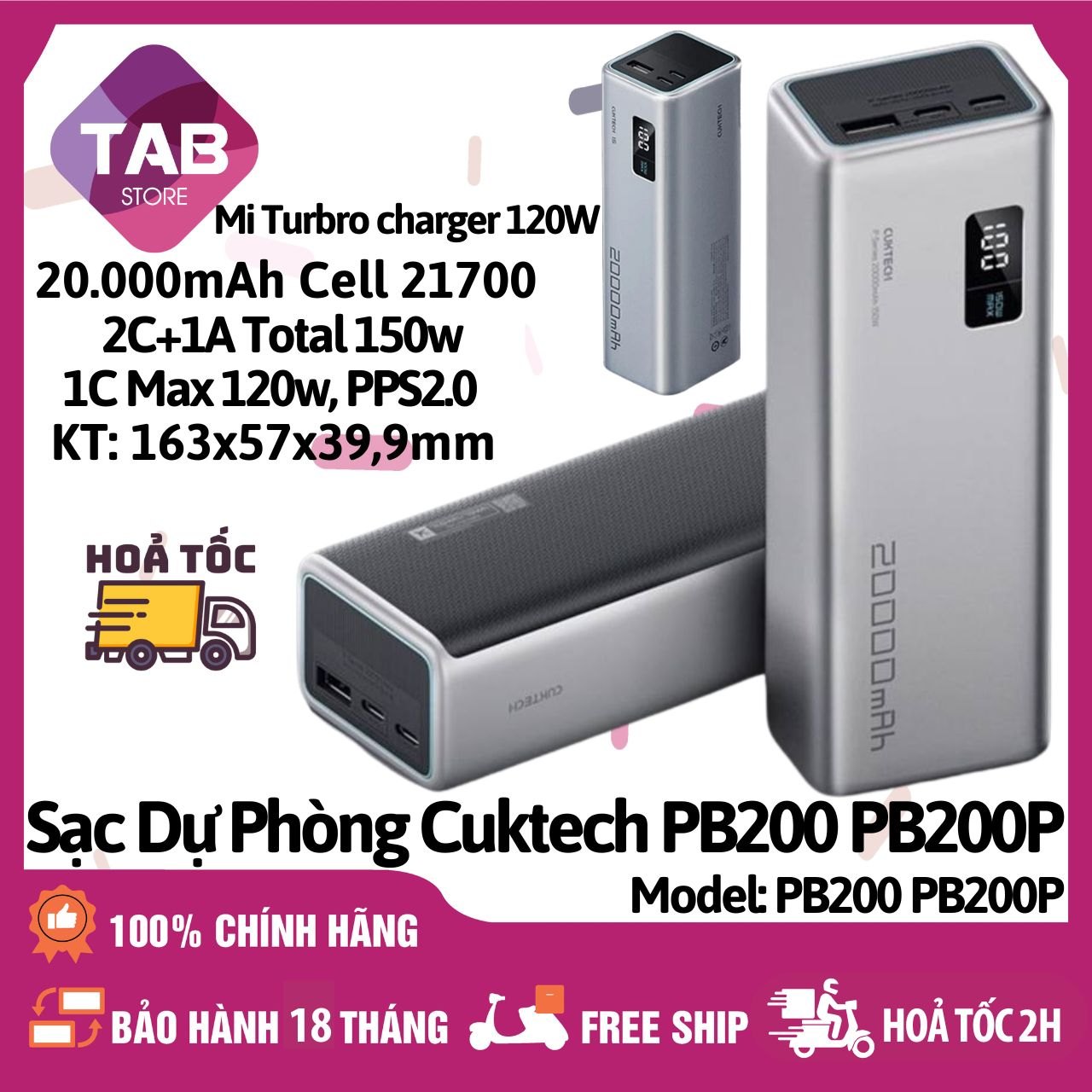 Sạc Dự Phòng Cuktech PB200P 20000mAh 2C1A 150W PD 3.1 PPS5A QC Mi Turbro Charger 120W - Chính Hãng - PB200P