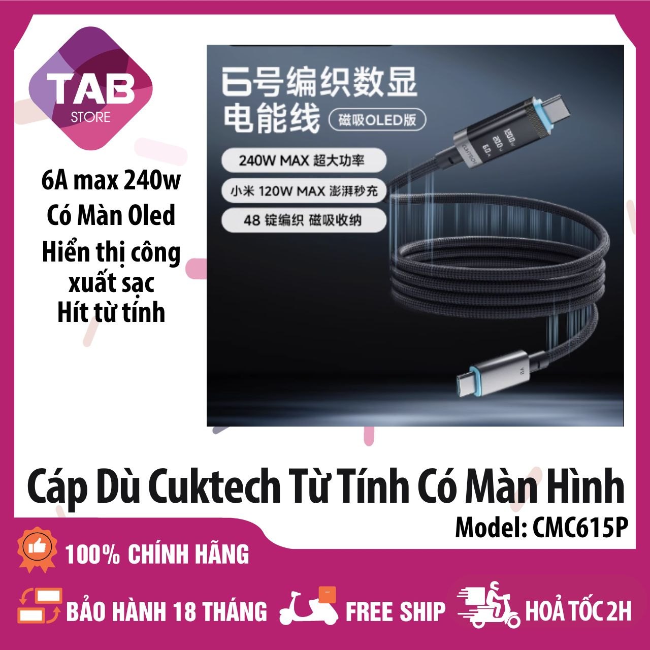 Cáp Dù Cuktech Hít Từ Tính C To C 6A 240w Hỗ Trợ Mi Turbro Có Màn Hình CMC615P - Bảo Hành 18 Tháng - Đen 1.5M 6A 240W
