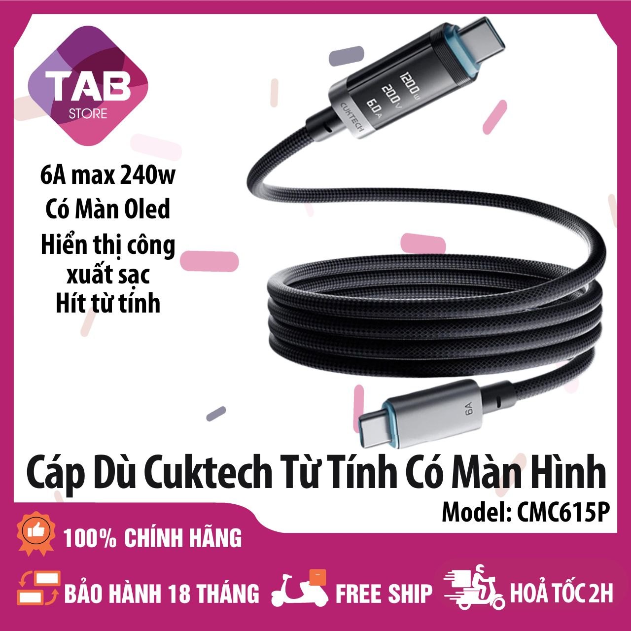 Cáp Dù Cuktech Hít Từ Tính C To C 6A 240w Hỗ Trợ Mi Turbro Có Màn Hình CMC615P - Bảo Hành 18 Tháng - Đen 1.5M 6A 240W