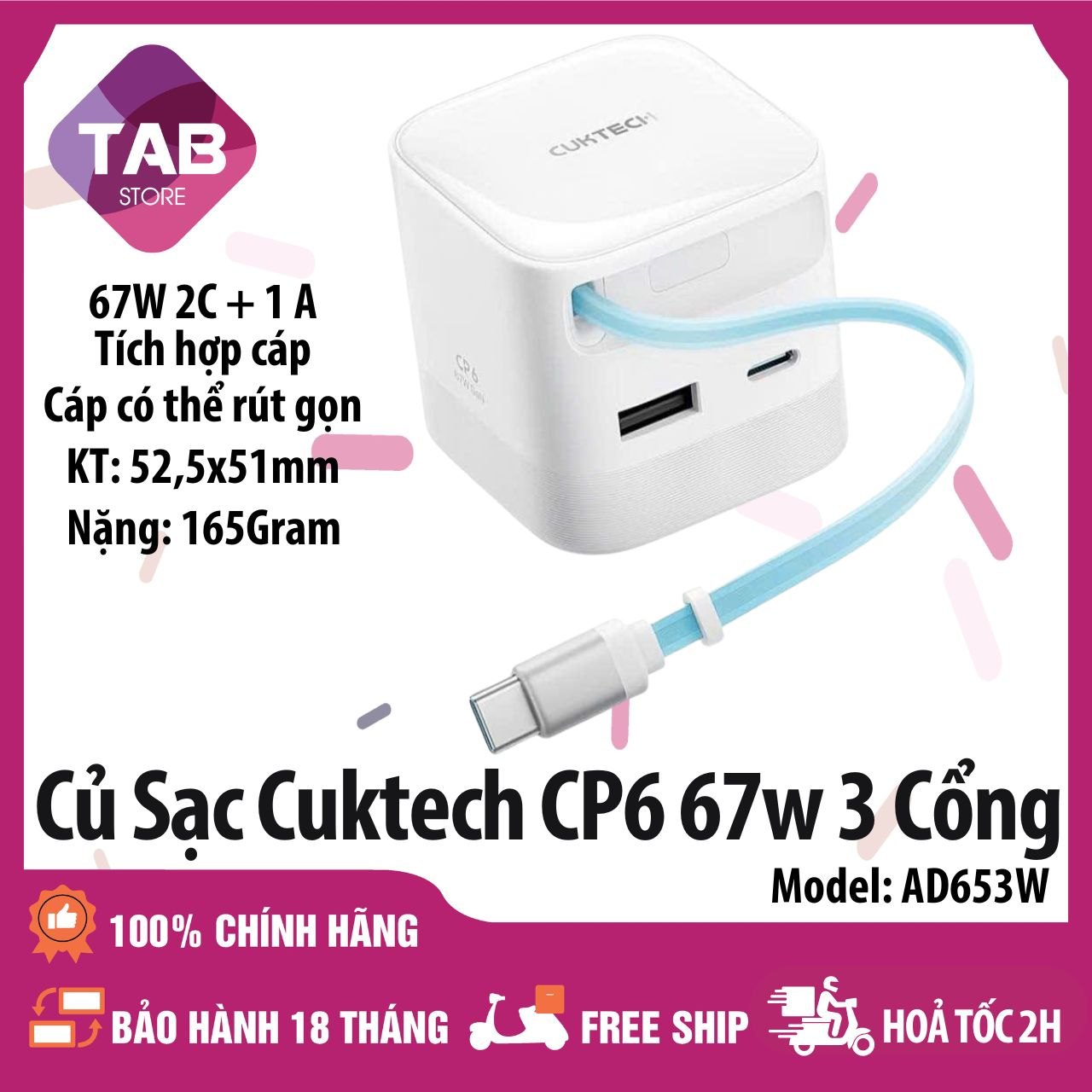 Sạc Cuktech 67w 3 Cổng 2C+1A Tích Hợp Cáp Rút Gọn GAN PD/PPS/QC3+ AD653W Chính Hãng - Bảo Hành 18 Tháng