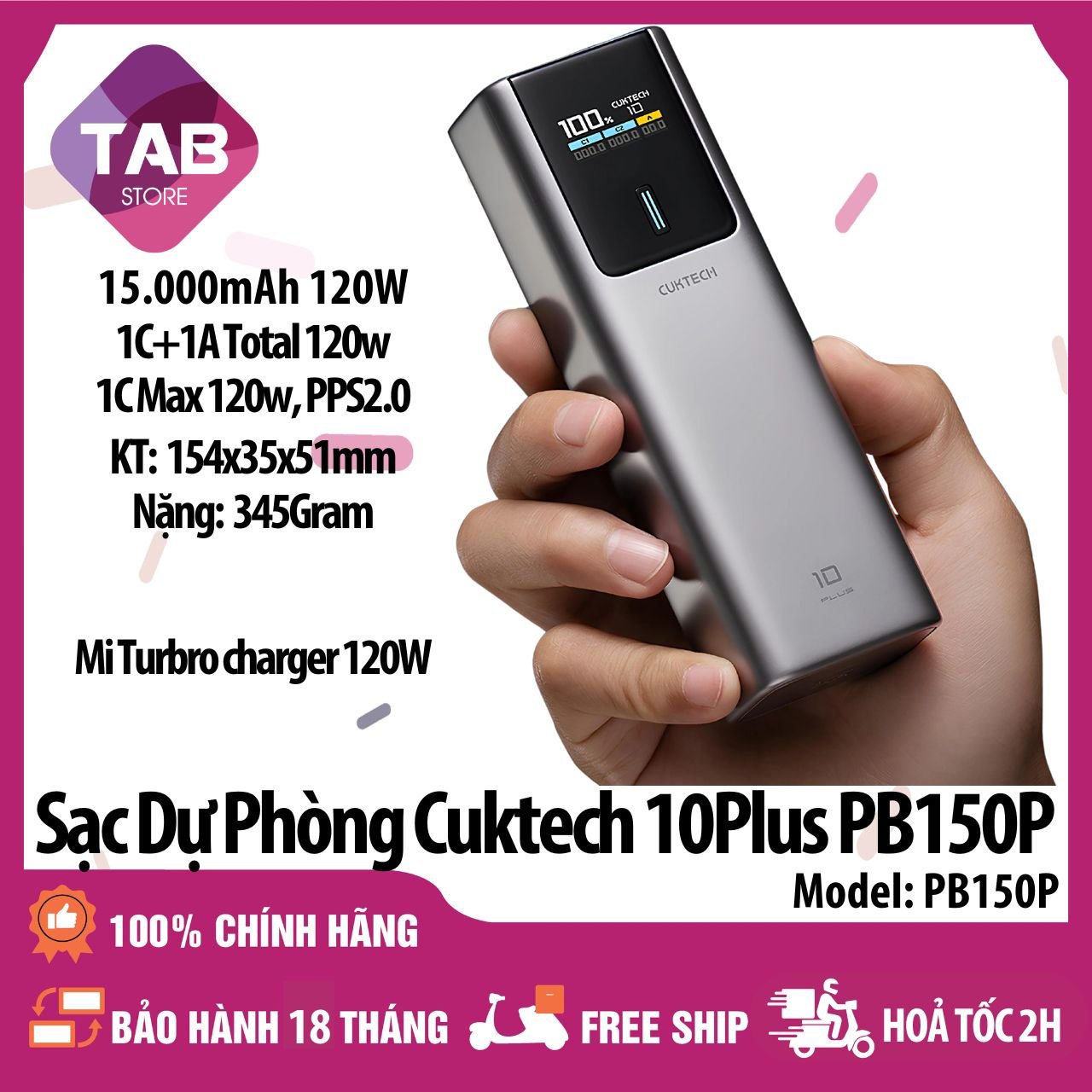 Sạc Dự Phòng Cuktech 10Plus PB150P 15000mAh 2C1A 120W PD 3.0 PPS5A QC Mi Turbro Charger 120W - Bảo Hành 18 Tháng
