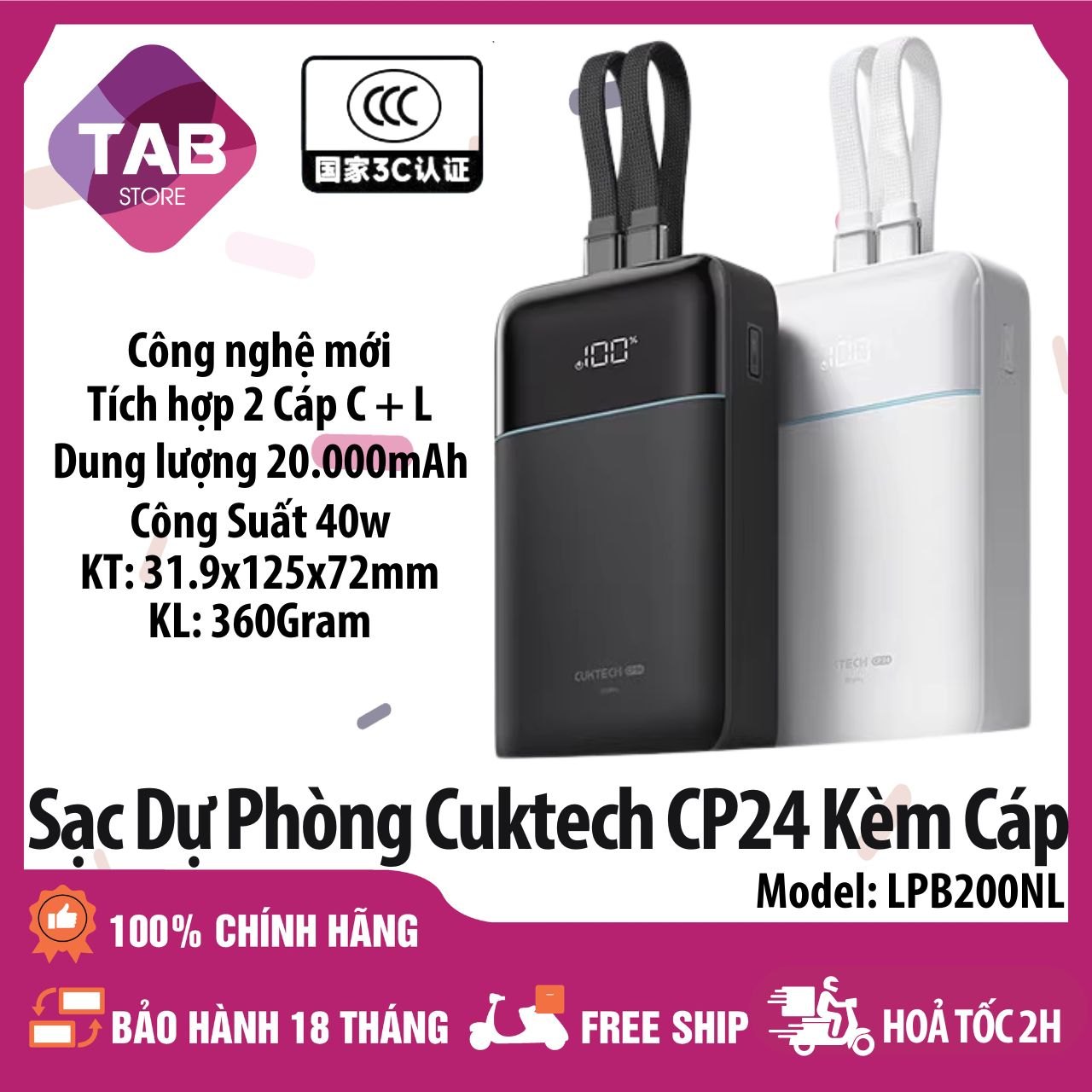 Sạc Dự Phòng Cuktech CP24 20000mAh 40W Tích Hợp Cáp 1C+1L+1A PD PPS QC LPB200NL - Bảo Hành 18 Tháng