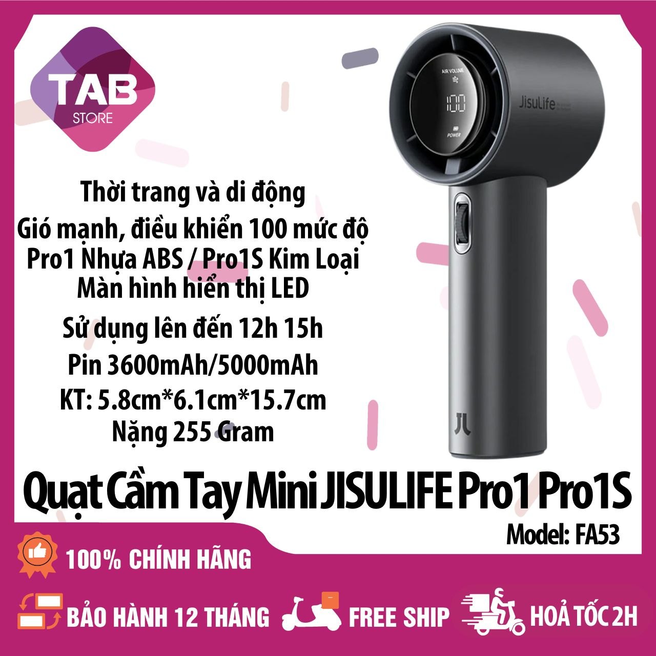 Quạt Cầm Tay Mini Jisulife Pro1 S FA53 Pin 5000mAh, Led hiển thị - Bảo Hành 12 Tháng
