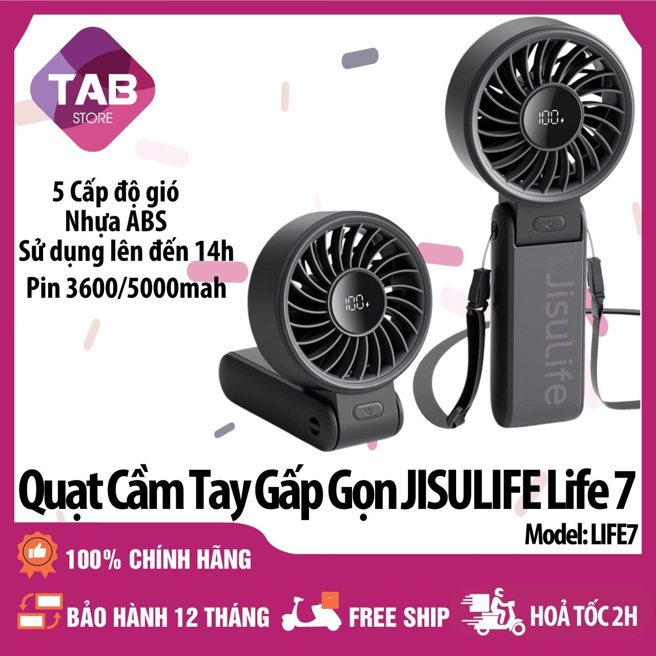 Quạt Cầm Tay Gấp Gọn Jisulife Life 7 Pin 3600/5000mAh, 5 Cấp Độ Gió - Bảo Hành 12 Tháng