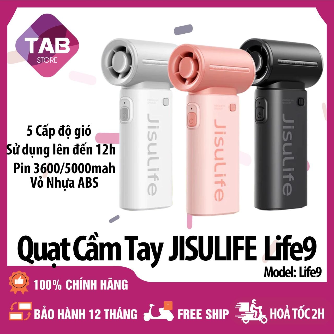 Quạt Cầm Tay Jisulife Life9 3600/5000mAh, 5 Tốc Độ Gió, 12 giờ- Bảo Hành 12 Tháng