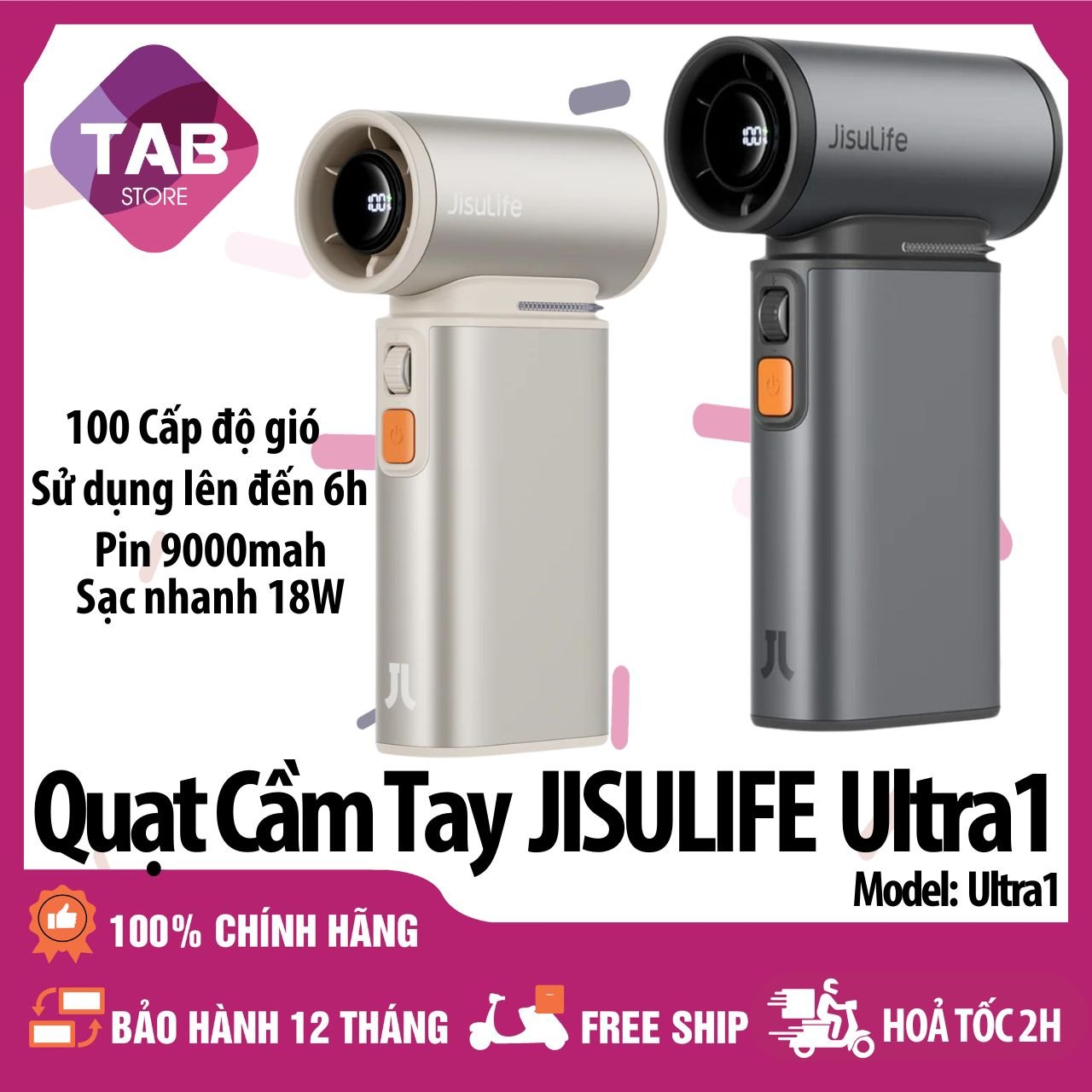 Quạt Cầm Tay Jisulife Ultra1 9000mAh, 100 Tốc Độ Gió, 6 giờ- Bảo Hành 12 Tháng
